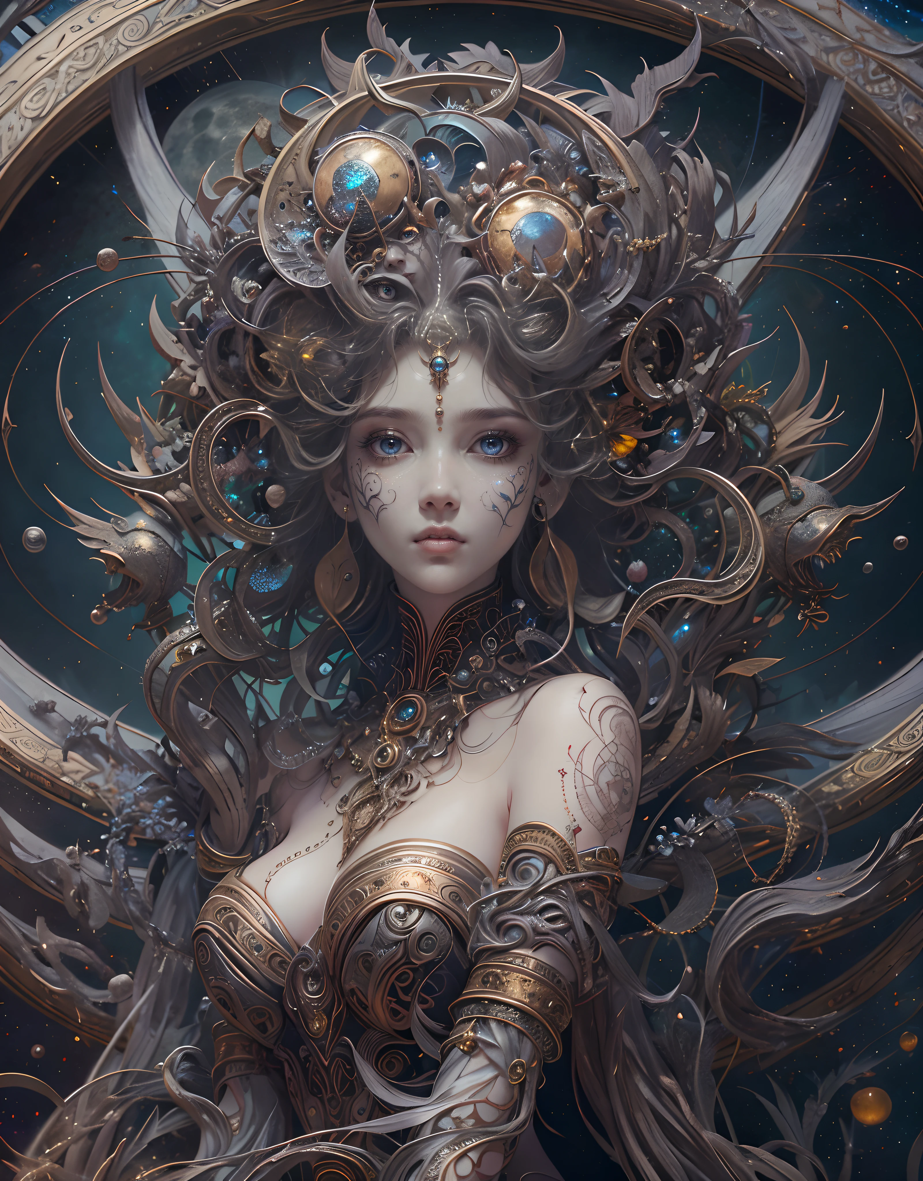 (best qualtiy,ultra - detailed,Most Best Illustration,Best shadow,tmasterpiece,A high resolution,professionalartwork,famousartwork),Detailed eyes,beautidful eyes,closeup cleavage,sci-fy,colored sclera,Robot eyes,face markings,Tattooed with,(fractalized,Fractal eyes),largeeyes,Wide eyes,(Eye focus),sface focus,Cosmic eyes,Space eyes,Close-up of metal sculpture of a woman with a moon in her hair,goddes。extremly high detail,3 d goddess portrait,Extremely detailed footage of the goddess,a stunning portrait of a goddess,Side portrait of the goddess,portrait of a beautiful goddess,Full body close-up portrait of the goddess,hecate goddess,portrait of a norse moon goddess,goddess of space and time