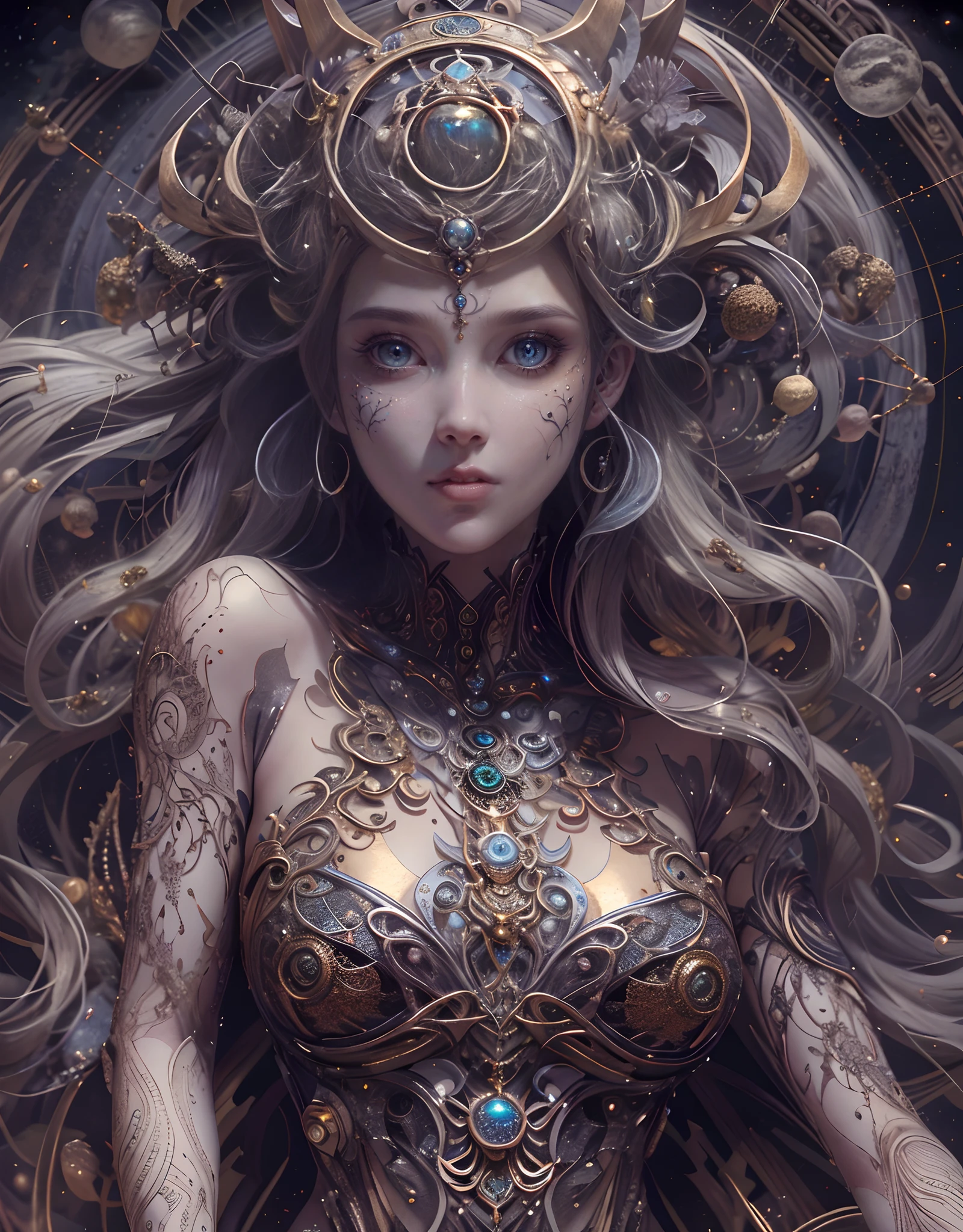 scary and sexy detailed art in color, Portrait,((sexy female ornate princess)), (with white long flowing hair), (bright beautiful eyes), trending on artstation, tentacles of beautiy by Jean-Honor Fragonard, Peter mohrbacher, hyper detailed, insane details, stunning, intricate, elite, art nouveau, ornate, liquid wax, elegant, luxury, Greg Rutkowski, ink style, sticker, vector-art beautiful character design, double exposure shot, luminous design, award winning, masterpiece, amoled black background, (There is a female genital-like organ in the middle of the forehead:1.9),  (expression of ecstasy:1.6) 