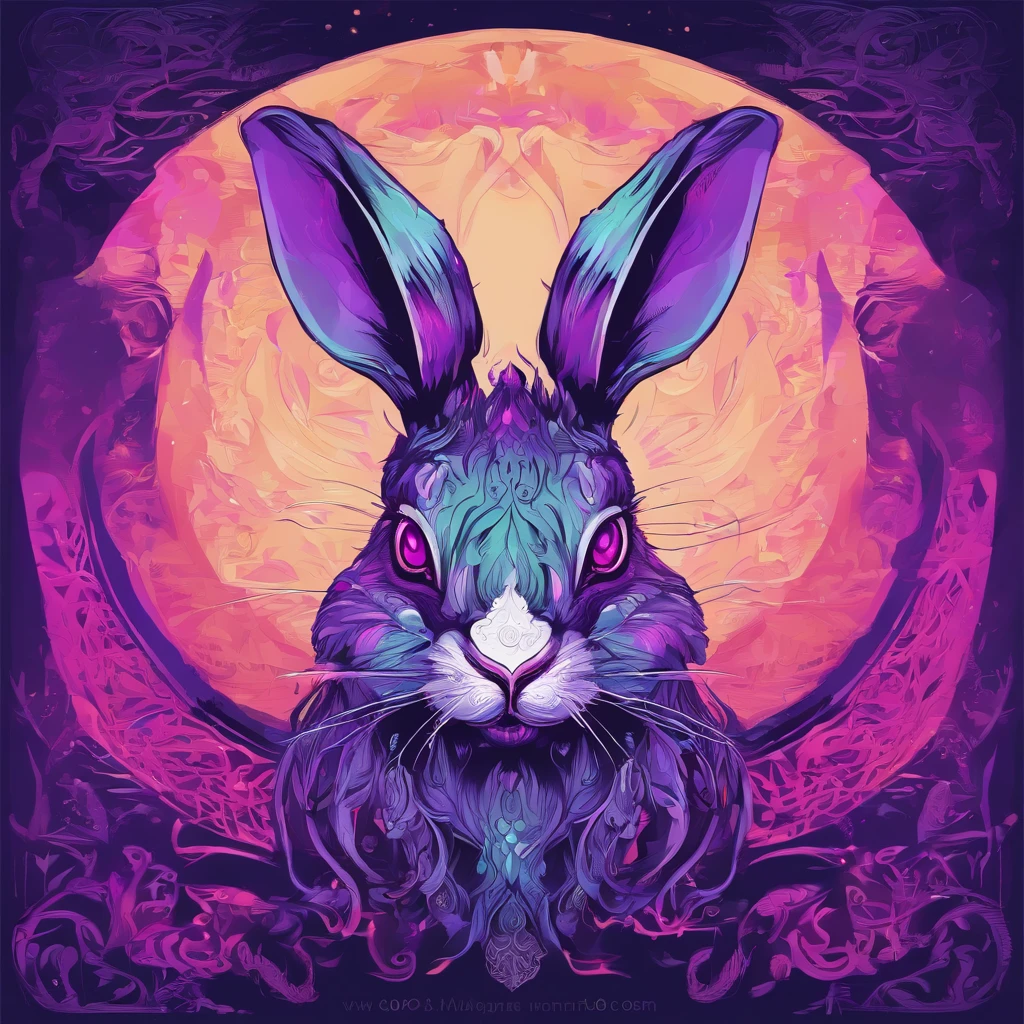 Rabbit with black and purple fur and magenta antlers, glowing eyes, night sky full of Eldritch horror and tentacles, best quality, masterpiece