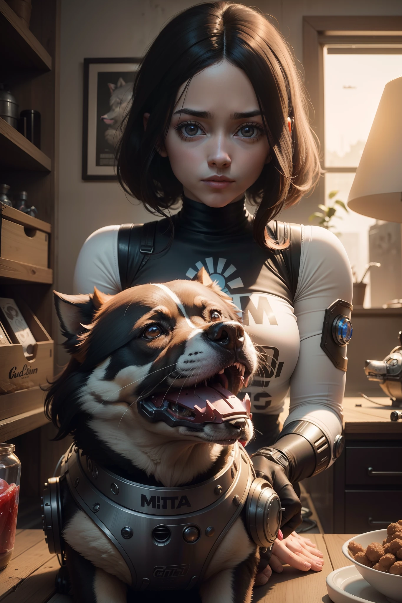 Alita de "Gummn" cuidando un perro cachorro robot,