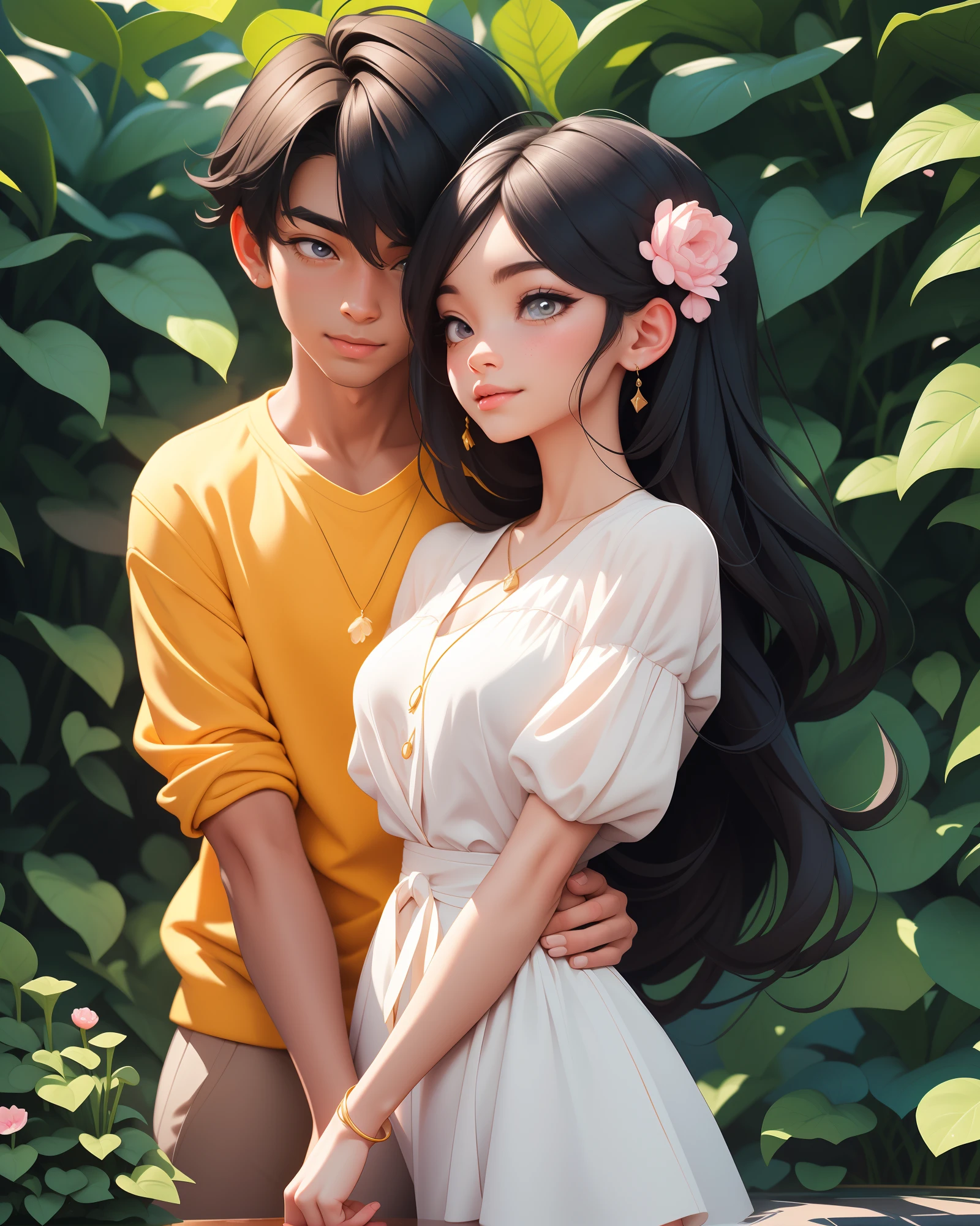 anime boy and girl,black hair for both,headrest girl on boy's shoulder,detailed facial features,beautiful sparkling eyes,long eyelashes,smiling lips,soft expressions,stylish clothes,fashionable outfits,colorful background,romantic atmosphere,soft lighting,airy and dreamy feel,highly-detailed artwork,vivid colors and tones,anime-style illustration,high-res digital painting,professional quality,perfectly composed,emotional connection between characters.