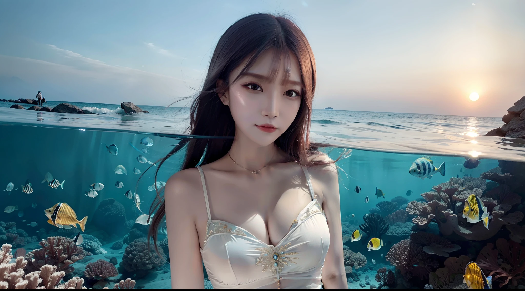 partial underwater shot,Ancient Chinese transparent gauze dress,Women dance,best qualityer,16k high resolution wallpaper,Cinematic lighting,perfect bodies,s the perfect face,The waterline is depicted in detail,The setting sun shines