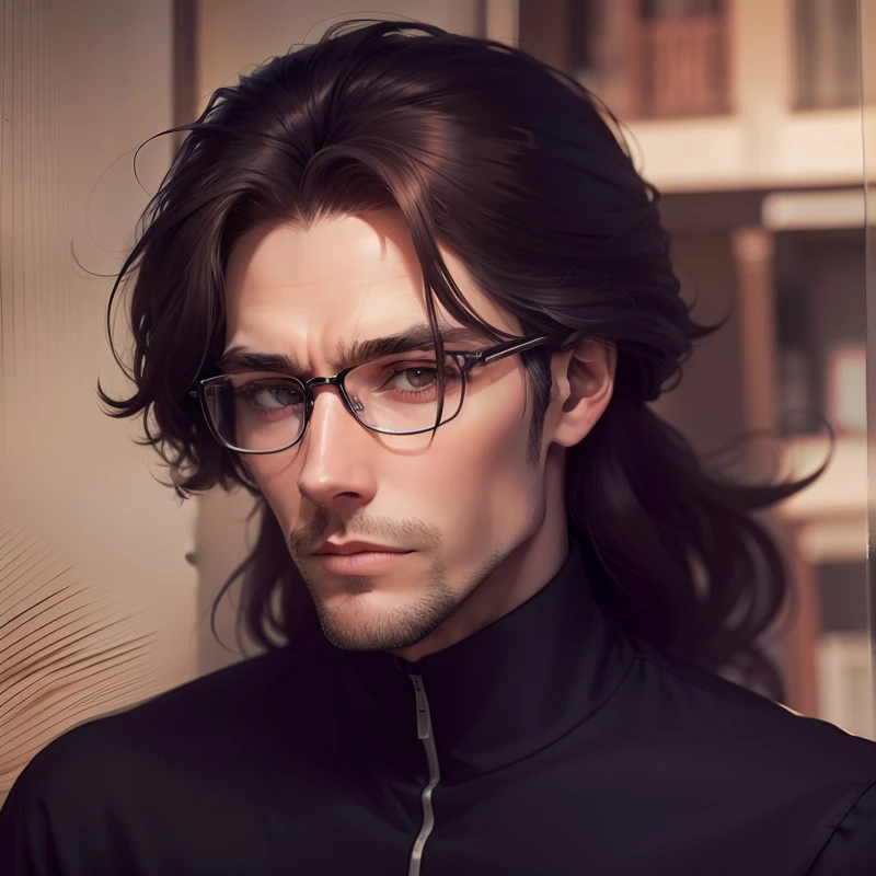 Tall man wearing glasses, Tem cabelo longo, uma cicatriz no olho, sendo jovem de 21 anos