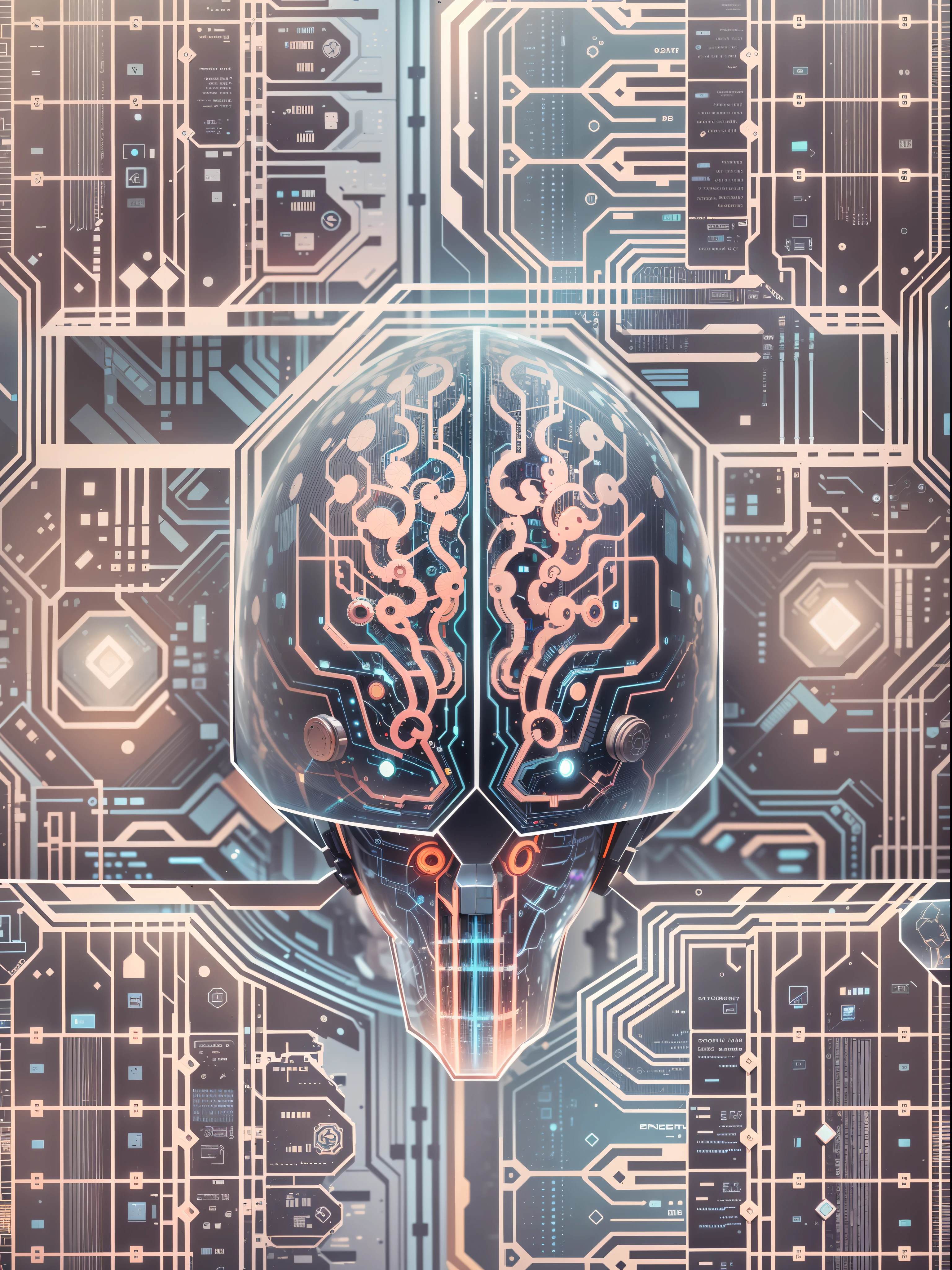 A human brain consisting of a circuit board and a pattern representing AI word processing, sci-fi style,white background,using opaque translucent and transparent structures, clear layers between structures,volumetric light, rich details, organic connection of components, rich colors,(Graphic illustration, geometric shapes, close-ups)