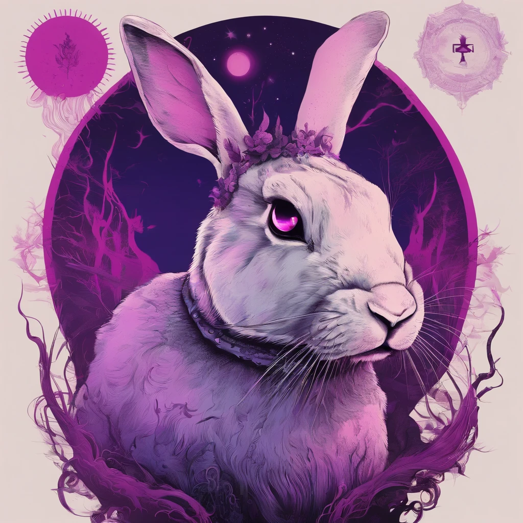Rabbit with black and purple fur and magenta antlers, glowing eyes, night sky full of Eldritch horror and tentacles, best quality, masterpiece