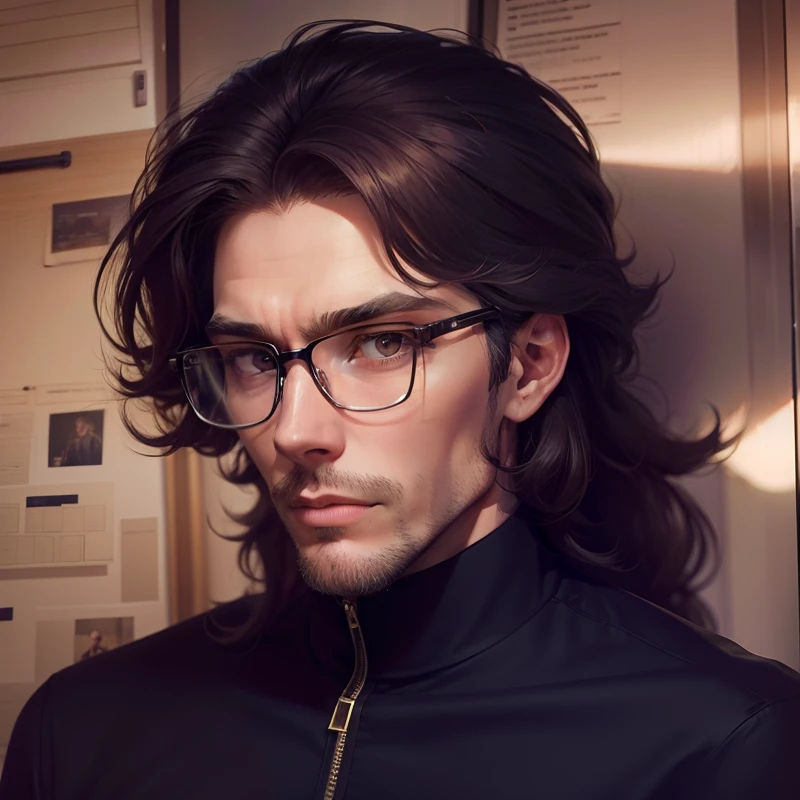 Tall man wearing glasses, Tem cabelo longo, uma cicatriz no olho, sendo jovem de 21 anos