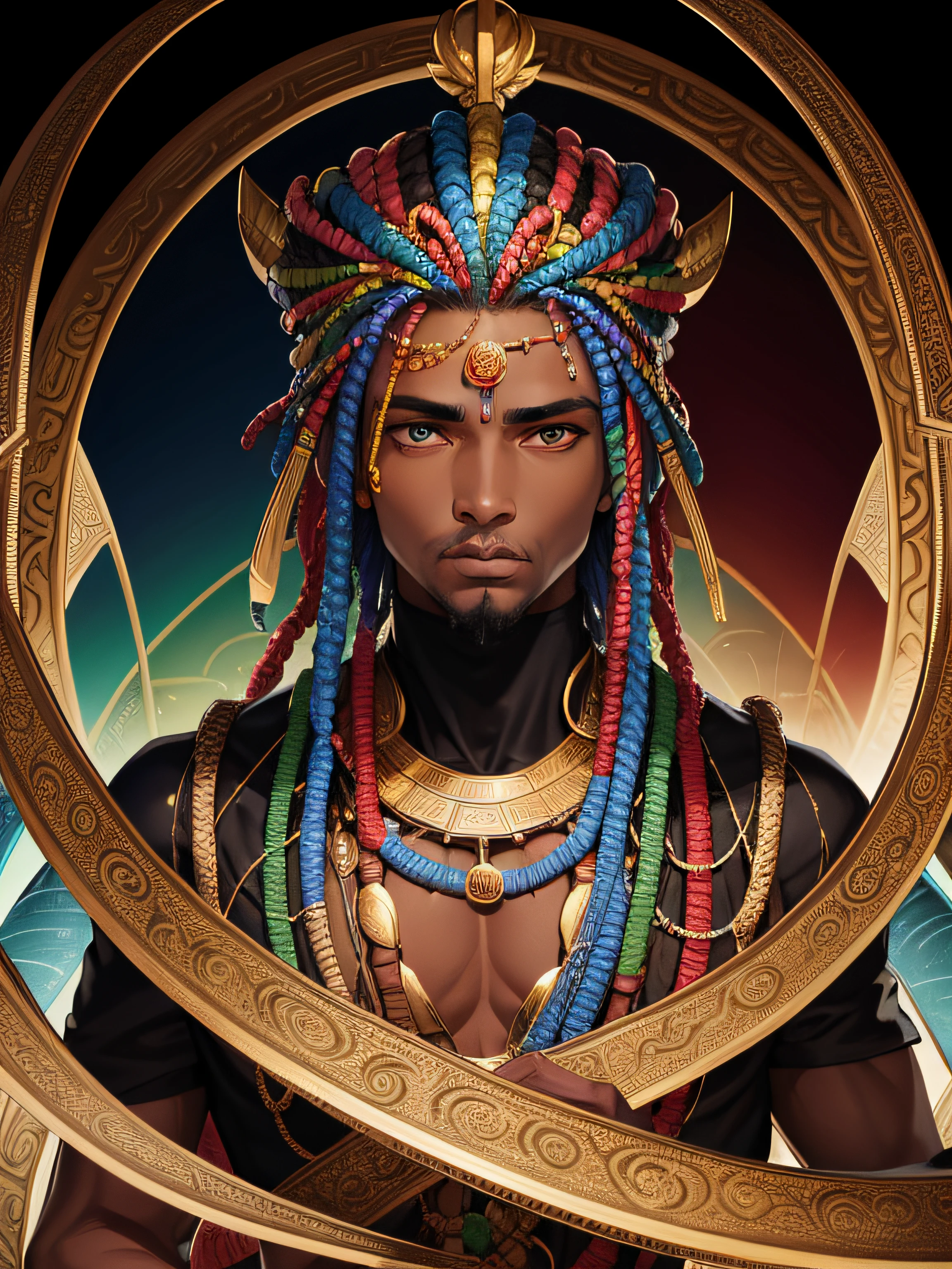 Homem negro africano , orixa oxumare, rainbow hair , snakes on the neck, God of Renewal, snake around , CG superior,(tmasterpiece),(detalhes insanos),(max quality)