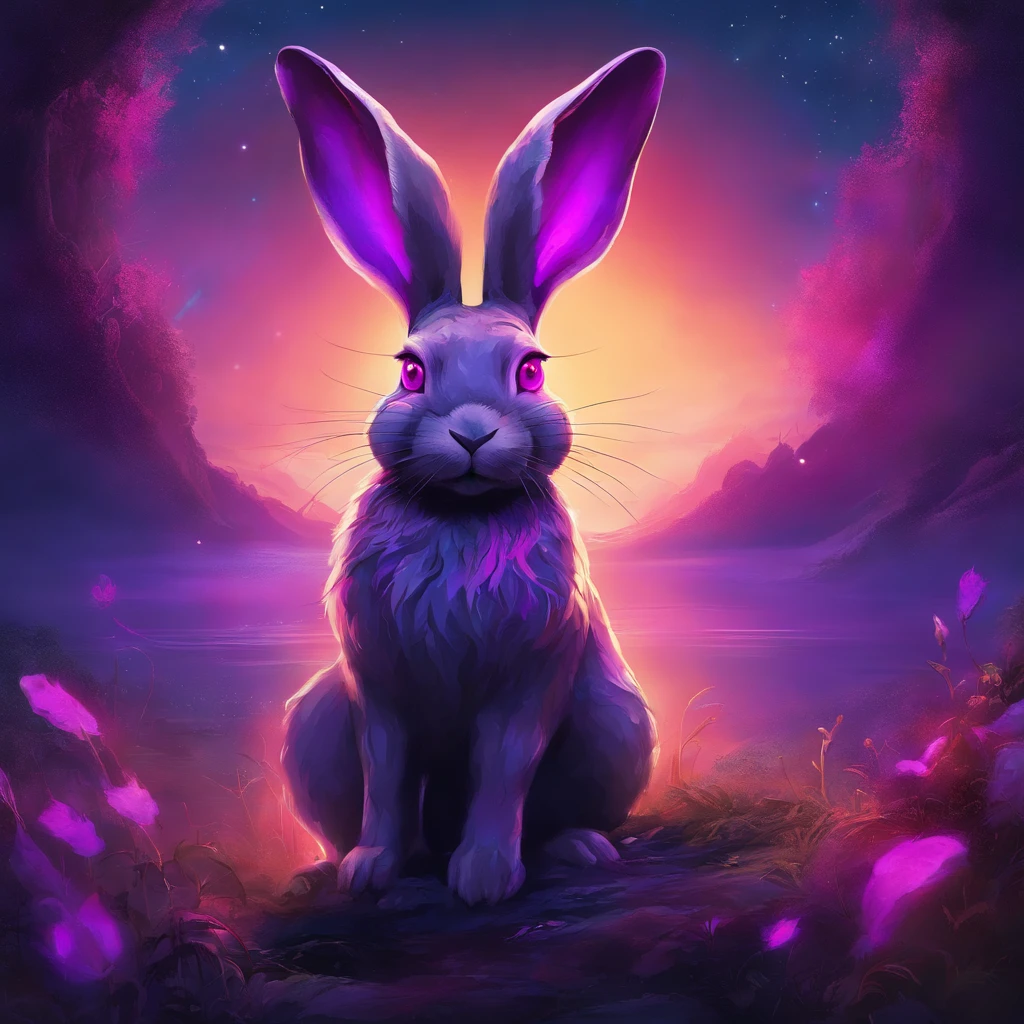 Rabbit with black and purple fur and magenta antlers, glowing eyes, night sky full of Eldritch horror and tentacles, best quality, masterpiece