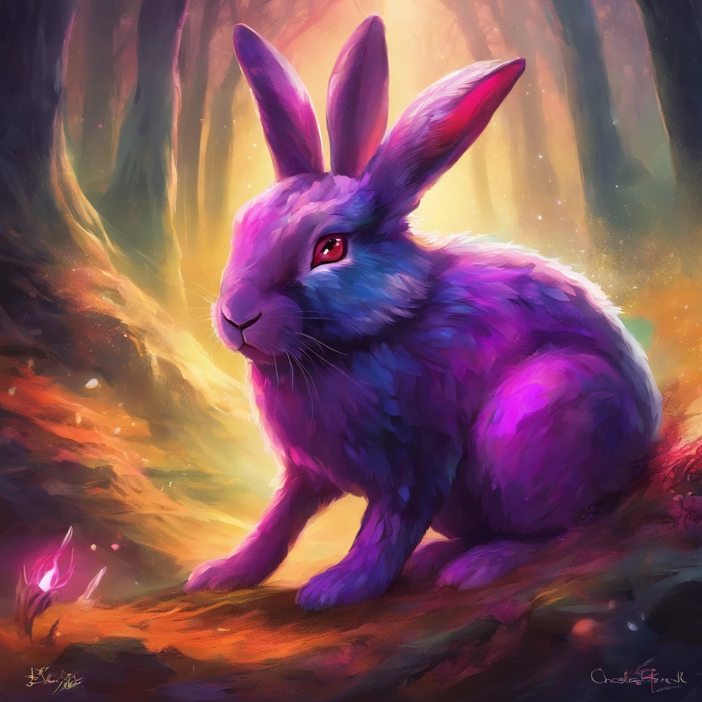 Rabbit with black and purple fur and magenta antlers, glowing eyes, night sky full of Eldritch horror and tentacles, best quality, masterpiece