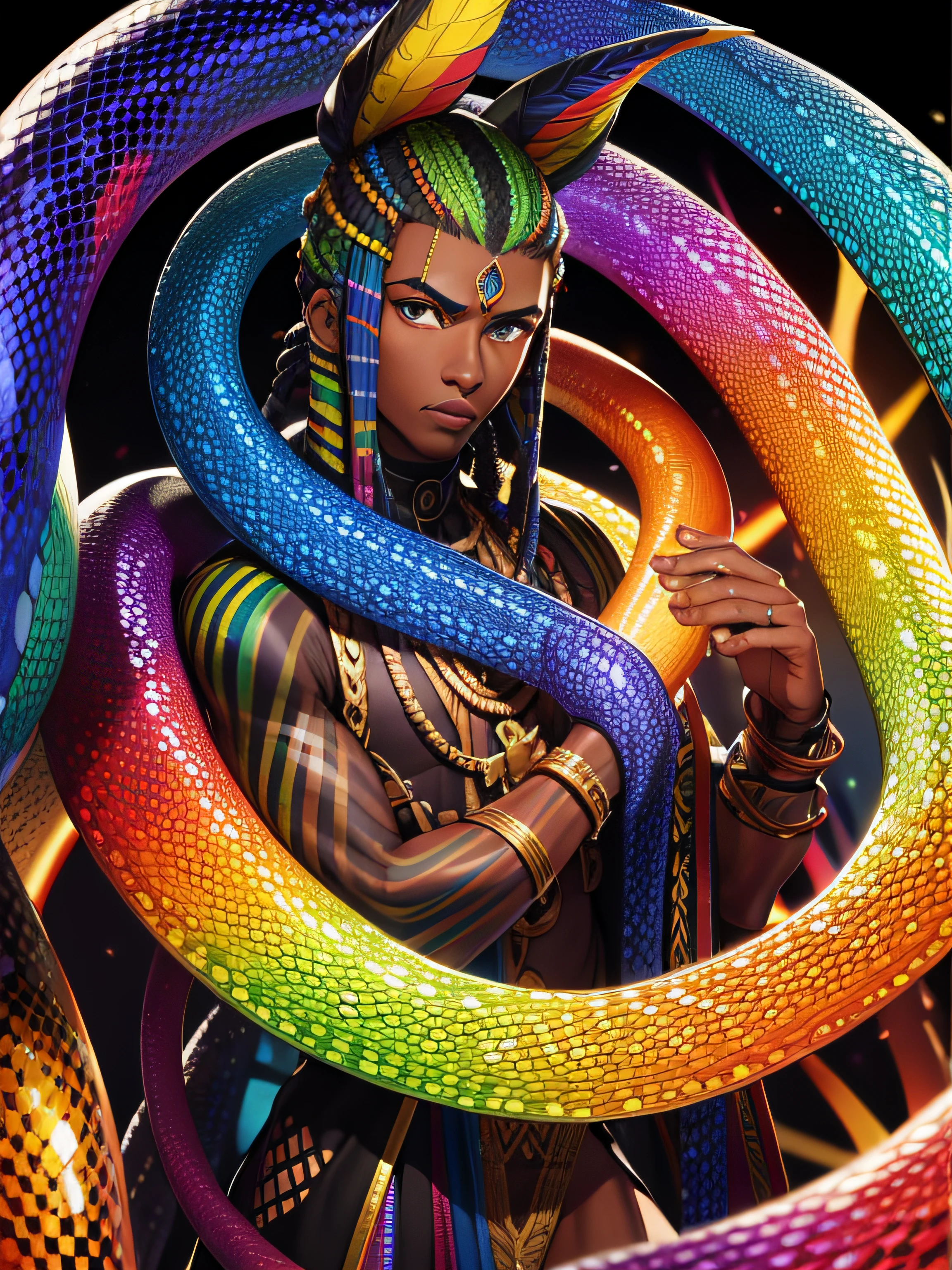Rainbow Snake , Homem negro africano , orixa oxumare, rainbow hair , snakes on the neck, God of Renewal, snake around , CG superior,(tmasterpiece),(detalhes insanos),(max quality)