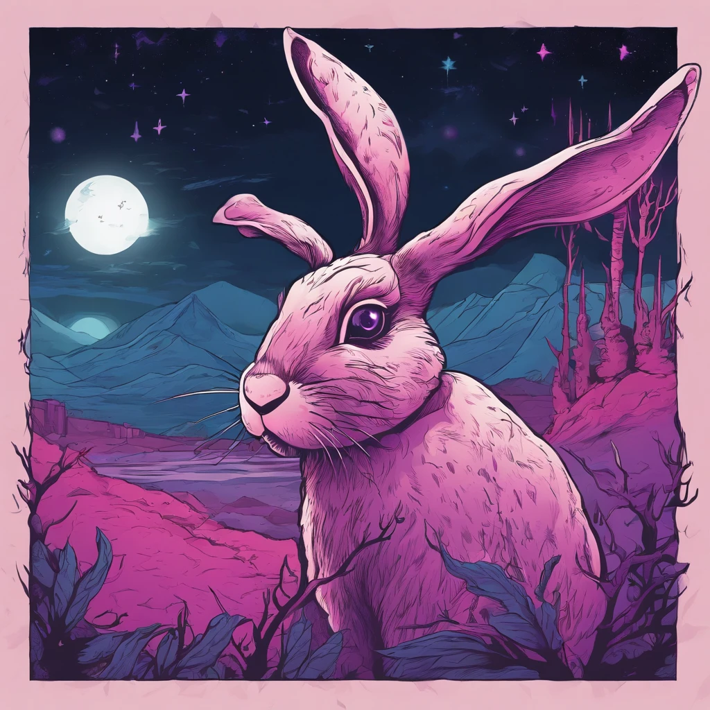 Rabbit with black and purple fur and magenta antlers, glowing eyes, night sky full of Eldritch horror and tentacles, best quality, masterpiece