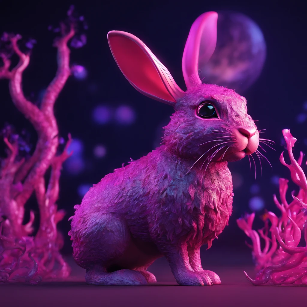 Rabbit with black and purple fur and magenta antlers, glowing eyes, night sky full of Eldritch horror and tentacles, best quality, masterpiece