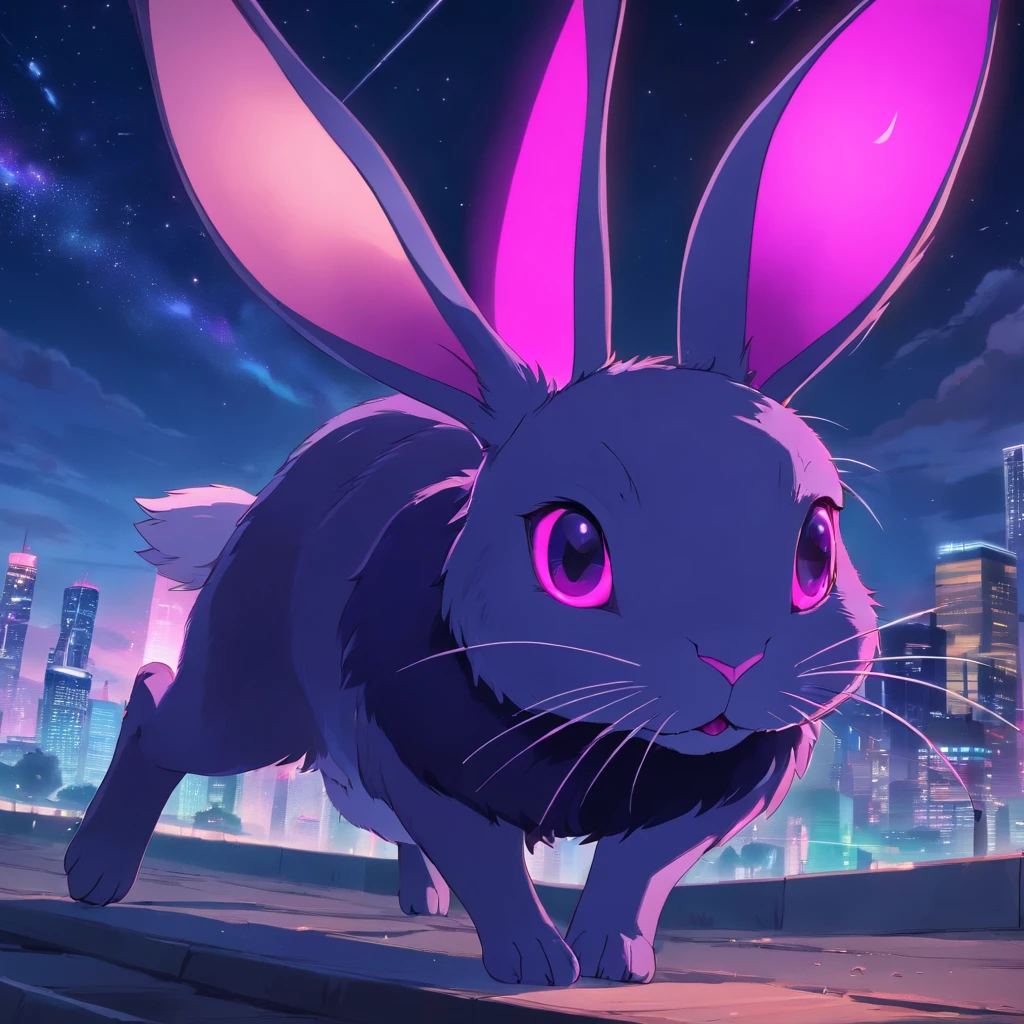 Rabbit with black and purple fur and magenta antlers, glowing eyes, night sky full of Eldritch horror and tentacles, best quality, masterpiece