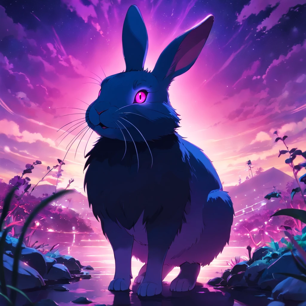 Rabbit with black and purple fur and magenta antlers, glowing eyes, night sky full of Eldritch horror and tentacles, best quality, masterpiece
