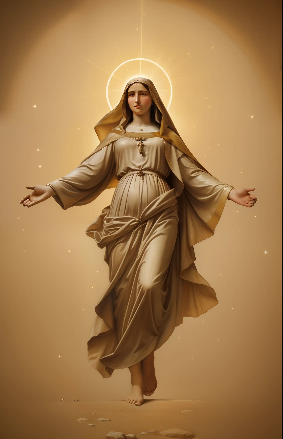 (((Blessed Virgin Mary of Mount Carmel))) luminosa, in style similar to that of the artist WILLIAM ADOLPHE BOUGUEREAU, Obra maestra, (La mejor calidad: 1.2), (super fine: 1.2), illustration, (extremadamente delicado y hermoso: 1.2), movie angle, flotante, (Hermoso ojo de detalle: 1.1), (detalle luz: 1.1), Movie Lights, Cielo delicado, ojos azules, (Cola de caballo alta: 1.1), capa, ojuelos, cielo estrellado, (light particles: 1.1) dibujo, flor. (Obra maestra), (La mejor calidad), (fotorrealista:1.3), 8k, Textura detallada de la piel, Textura detallada de la tela, Hermosa cara detallada, Detalles intrincados, Ultra detallado (cuerpo de cuerpo entero:1.2)