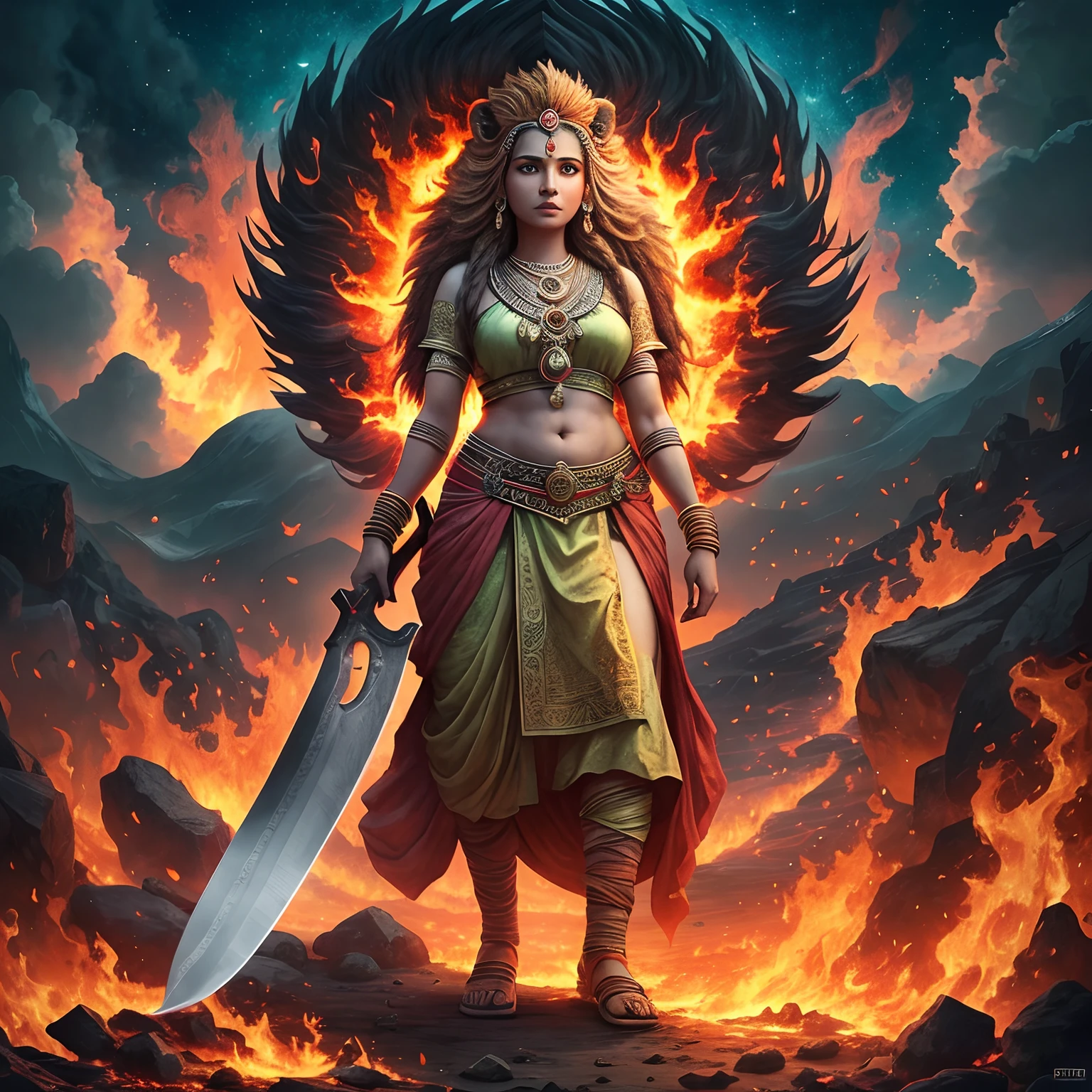 An ancient Indian goddess, holding a machete, standing on the ground, little clothes, and the background is full of a sea of fire that fills the sky, (lion standing nearby), colorful, eye-catching, heavenly.