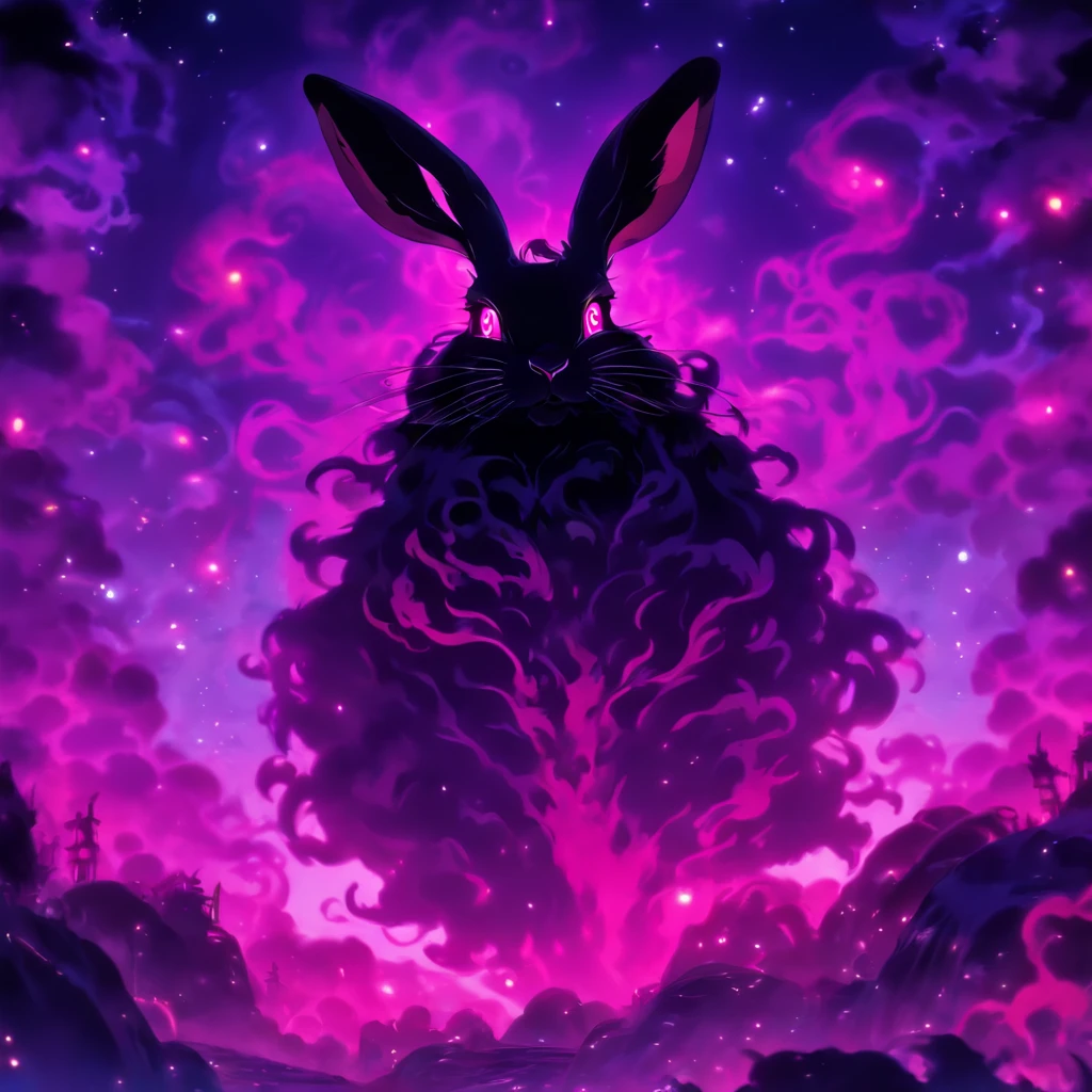 Rabbit with black and purple fur and magenta antlers, glowing eyes, night sky full of Eldritch horror and tentacles, best quality, masterpiece