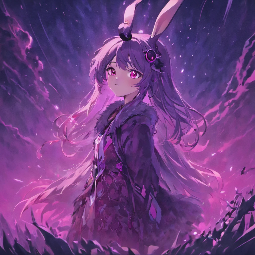 Rabbit with black and purple fur and magenta antlers, glowing eyes, night sky full of Eldritch horror and tentacles, best quality, masterpiece