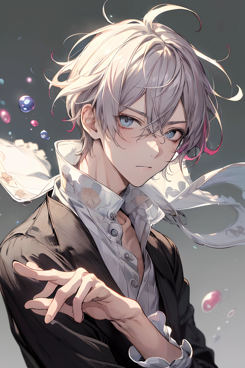 (masutepiece), (Best Quality), (ultra-detailliert),(disheveled hair),(Illustration), (1 boy), (Fashionable clothing),, Fashion Model, Looking at Viewer, (interview), (Simple background),Beautiful detailed eyes, Delicate beautiful face, floating,(High color saturation),(Colorful splashes),colorful bubble,(Shining), Focus on Face, Styling disheveled short gray hair, Long bangs, hair rings, Floating flowers, Floating hairs, (Shining), The best lighting, Best Shadow,