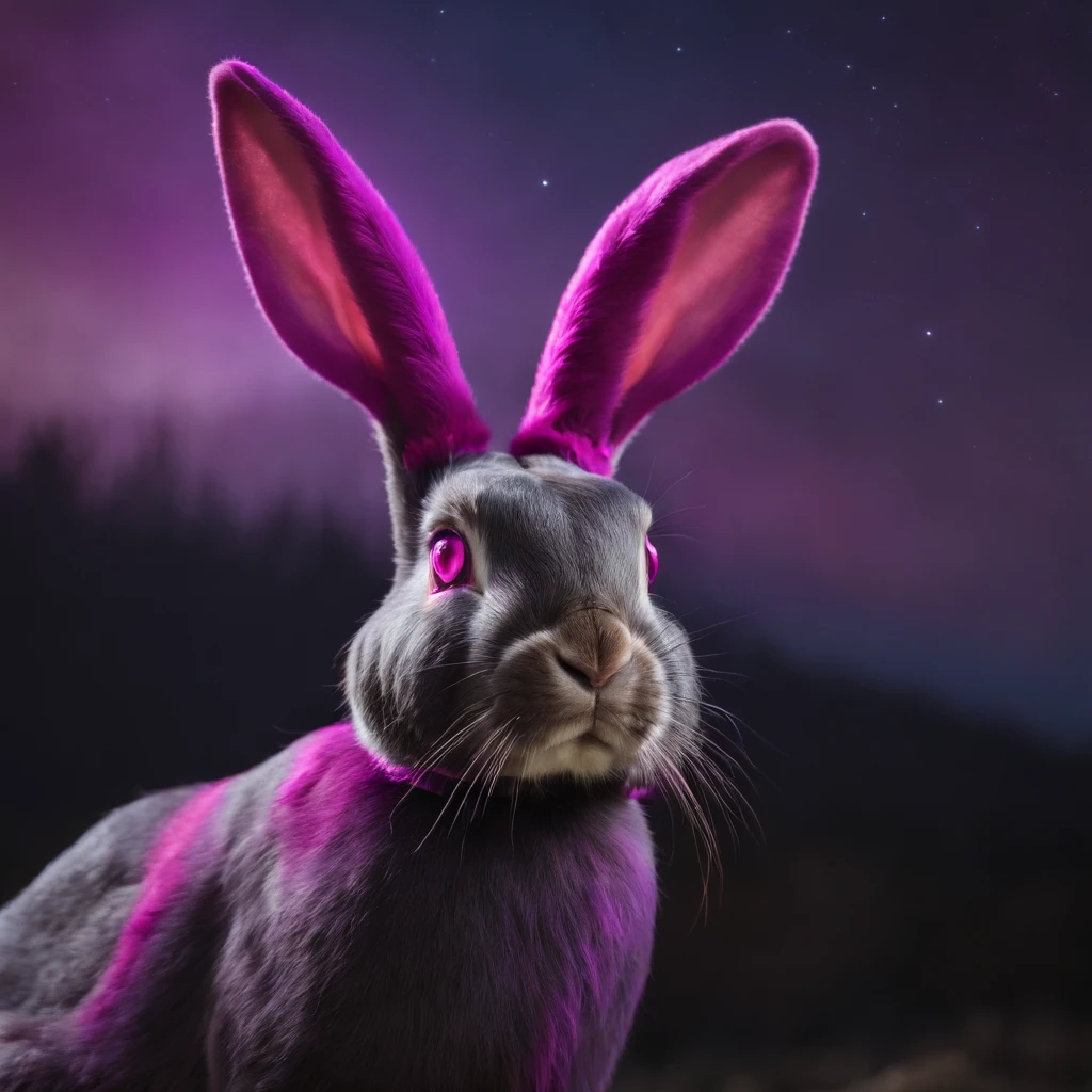 Rabbit with black and purple fur and magenta antlers, glowing eyes, night sky full of Eldritch horror and tentacles, best quality, masterpiece