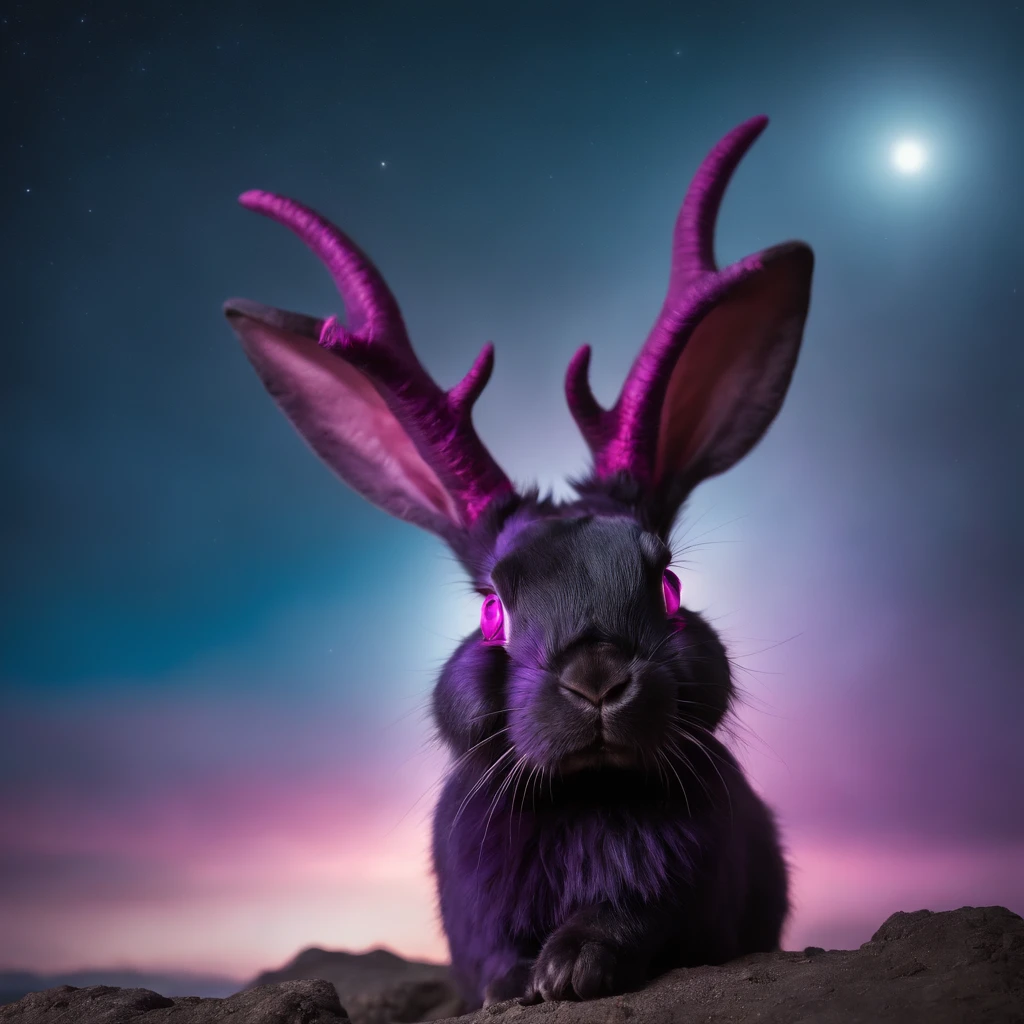 Rabbit with black and purple fur and magenta antlers, glowing eyes, night sky full of Eldritch horror and tentacles, best quality, masterpiece