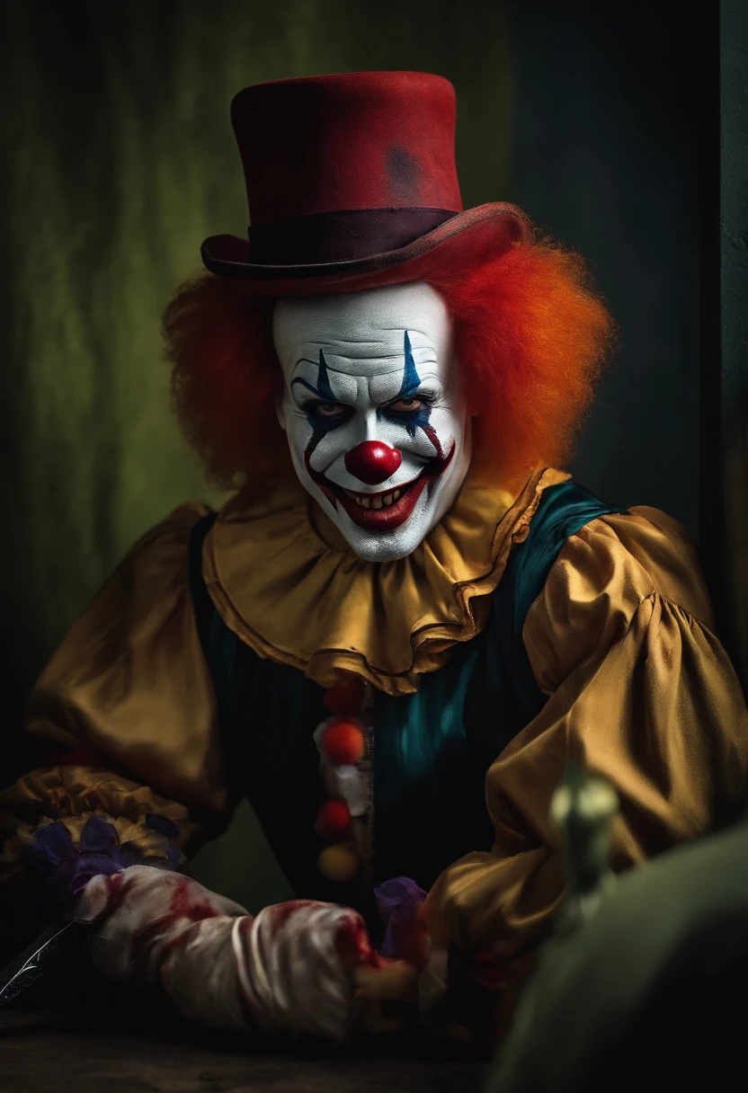 A MURDEROUS CLOWN WITH A BLEEDING KNIFE