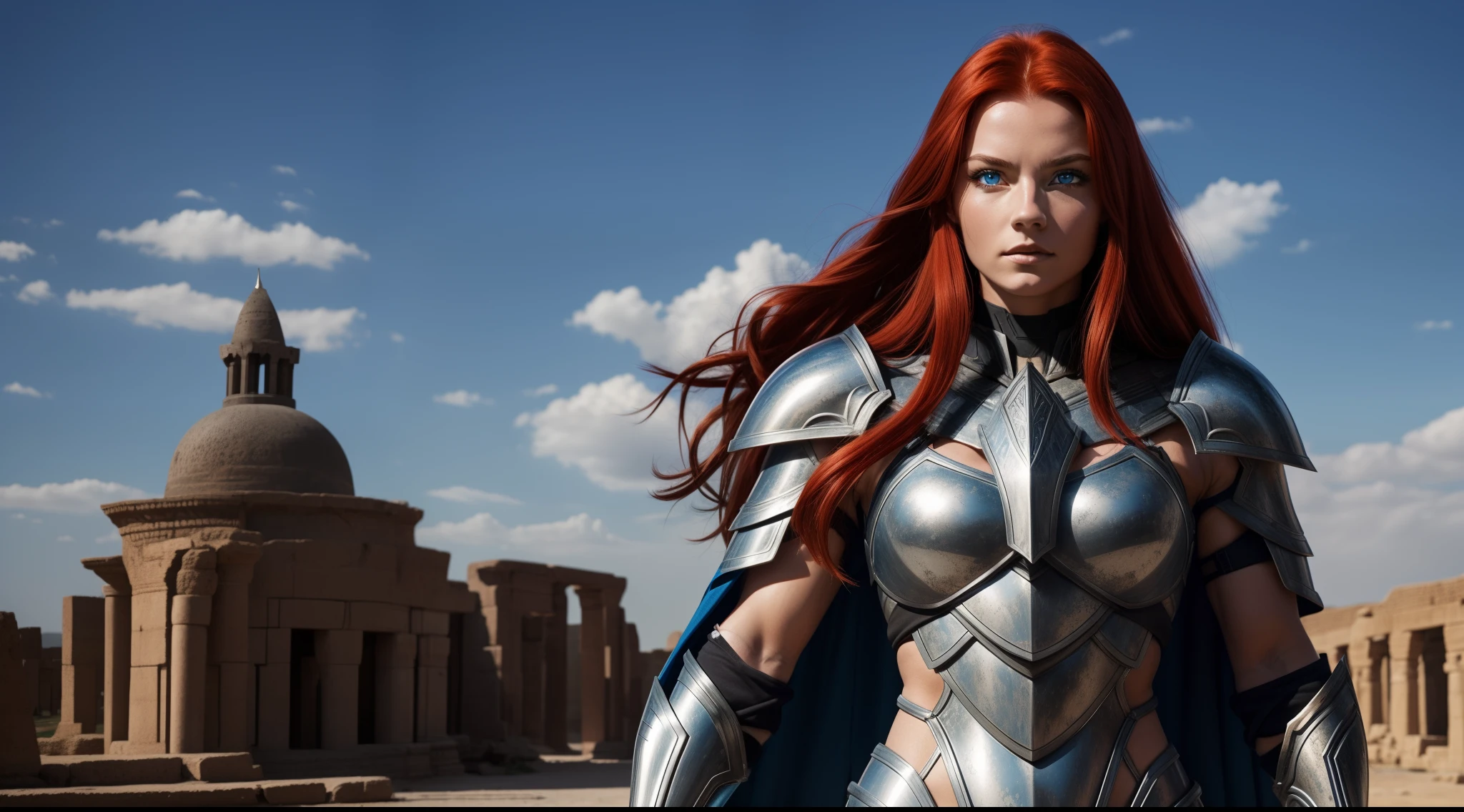 Beautiful muscular woman, Warrior, Minimalist titanium armor, There is a beautiful ornament on the armor,
Long red hair, Bright blue eyes, Short cape made of black wolf fur, The Ancient City, debris