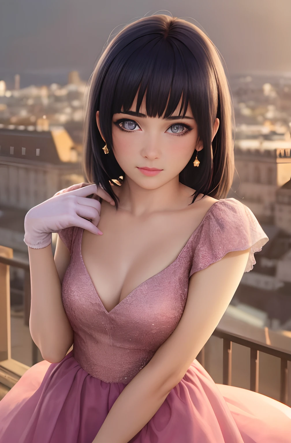 (masterpiece, best quality, highres:1.4), absurdres, 1girl, star eye, (princess peach), blush, (realistic:1.5), purple eyes, happy, BREAK, pink dress, cute girl,white arm glove, from above,
cowboy shot,perfect illumination, distinct,  looking at viewer, sidelighting, perfect face, detailed face,Blunt bangs, perfect body, beautiful eyes, pretty face, bright skin, idol, long dark blue hair,
beautiful castle, beautiful city, (silk)