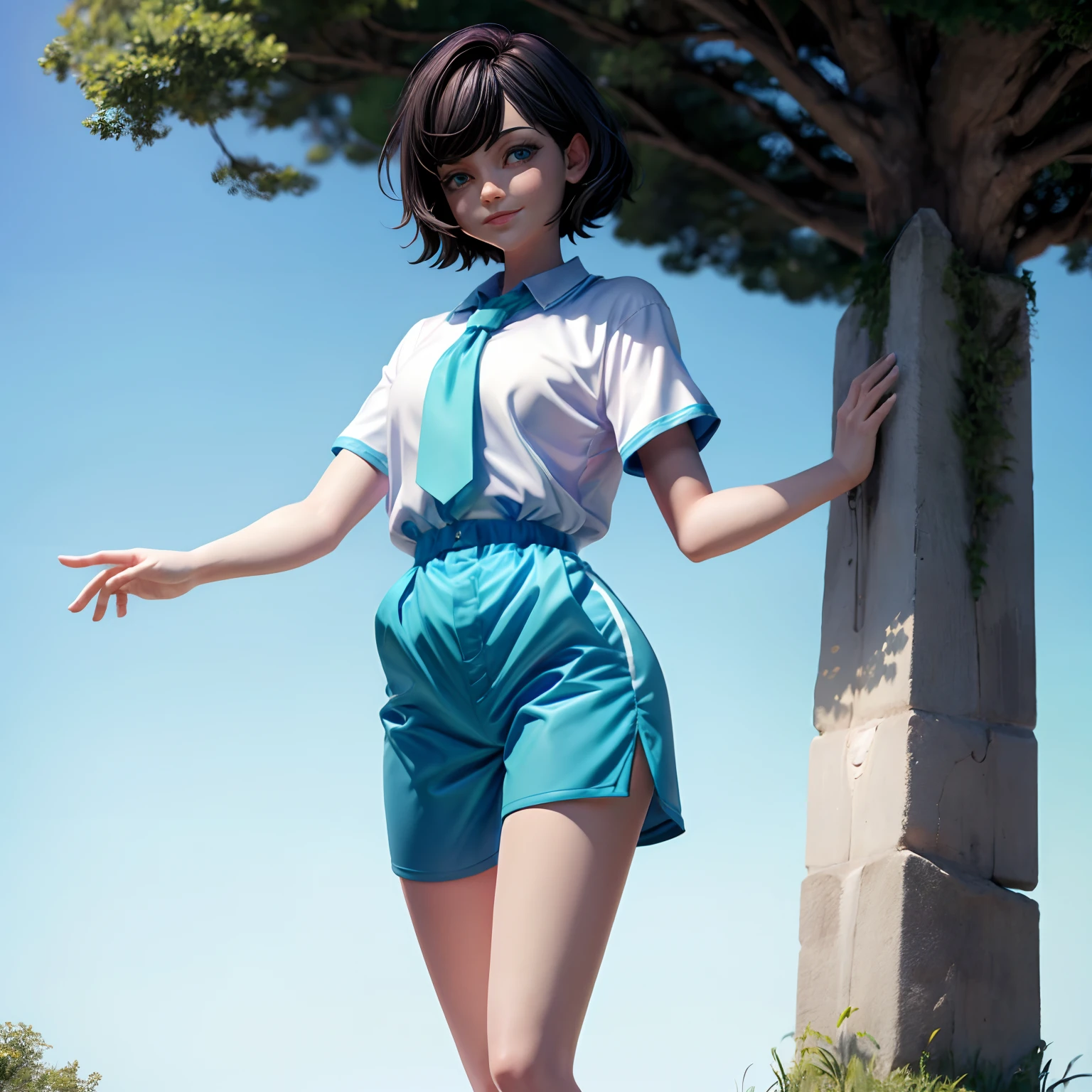 Libido boy,short detailed hair,blue color eyes,standing full-body,green forest,Blue sky,whitet-shirt,Black shorts,ssmile