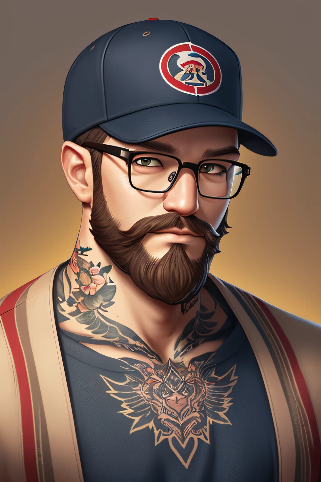 avatar character of a bald man with light_coloured_beard and glasses with a baseball cap, cute detailed digital art, high quality character design, highly detailed character design, game character design, adorable digital painting, game character art, musician, highly detailed character, arms_covered_with_tattoos, 2d illustration, 2d illustration, by Yu Zhiding, great character design --auto --s2
