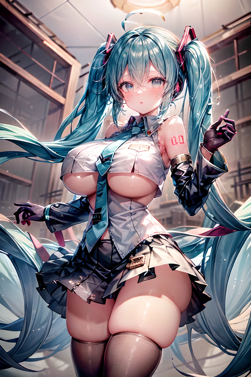 Create an image for the cover of Chapter 6 of the book '2067' with hatsune miku facing the viewer looking concerned,1girl, aqua_hair, areolae, bare_shoulders, black_legwear, blue_hair, blush, breasts, cosplay, gigantic_breasts, gloves, gradient_hair, grey_background, hatsune_miku, hatsune_miku_\(cosplay\), huge_breasts, long_hair, multicolored_hair, necktie, plump, skindentation, skirt, sleeveless, solo, standing, thick_thighs, thighhighs, thighs, twintails, underboob, underboob_cutout, undersized_clothes, where a futuristic city is depicted completely destroyed, due to a virtual reality game that has contaminated people's minds. The image should convey the feeling of chaos, desolation and destruction, with destroyed buildings, empty streets and the striking presence of technology. Use dark and cool colors to create a dark and desperate mood, and ensure that the message conveyed is impactful and exciting for readers.