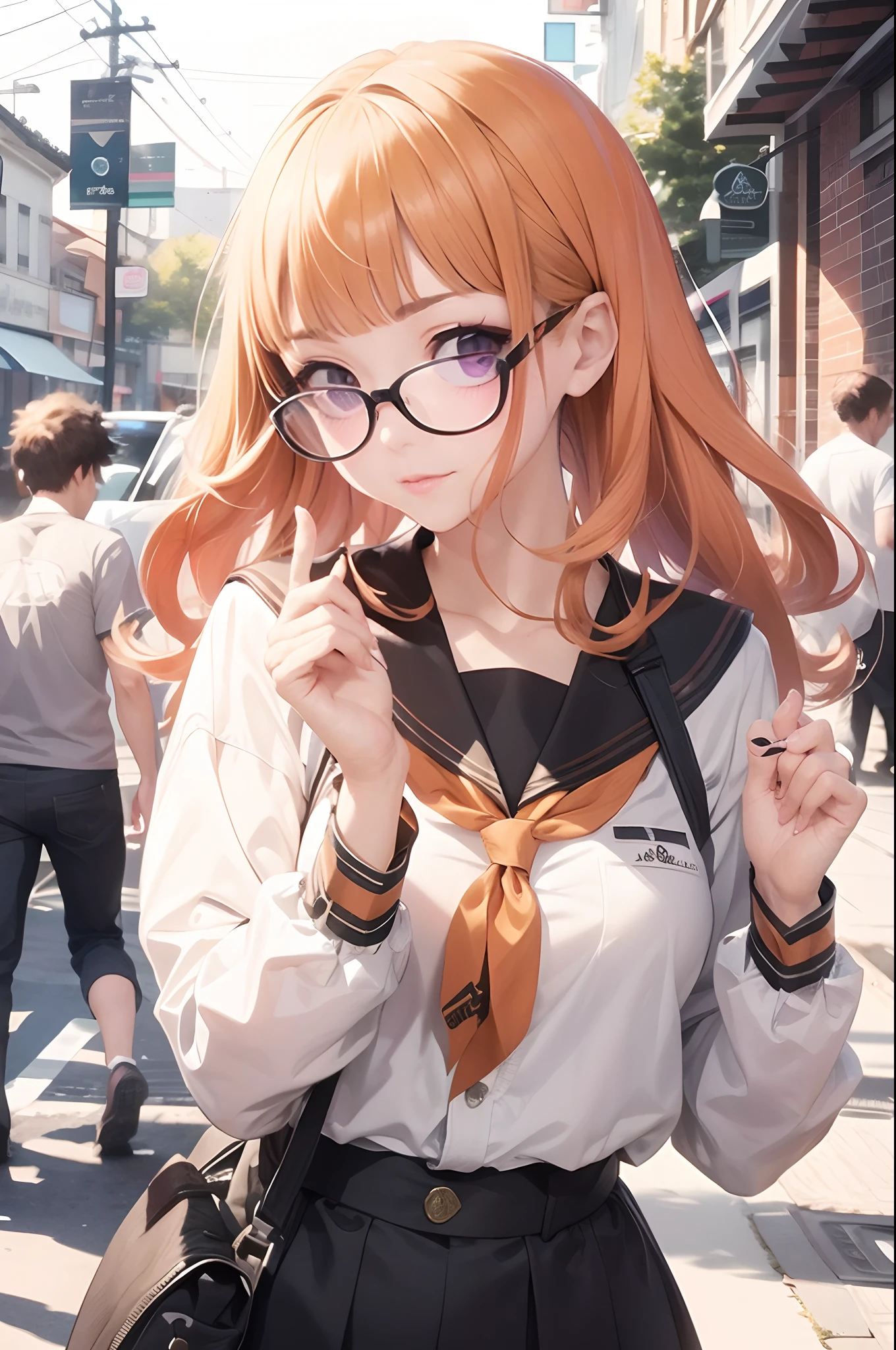anime girl with glasses and a tie on a city street, anime style 4 k, smooth anime cg art, cute anime girl, portrait of an anime girl, attractive anime girl, beautiful anime high school girl, photorealistic anime, portrait of cute anime girl, pretty anime girl, young anime girl, portrait anime girl, realistic anime 3 d style, anime style. 8k