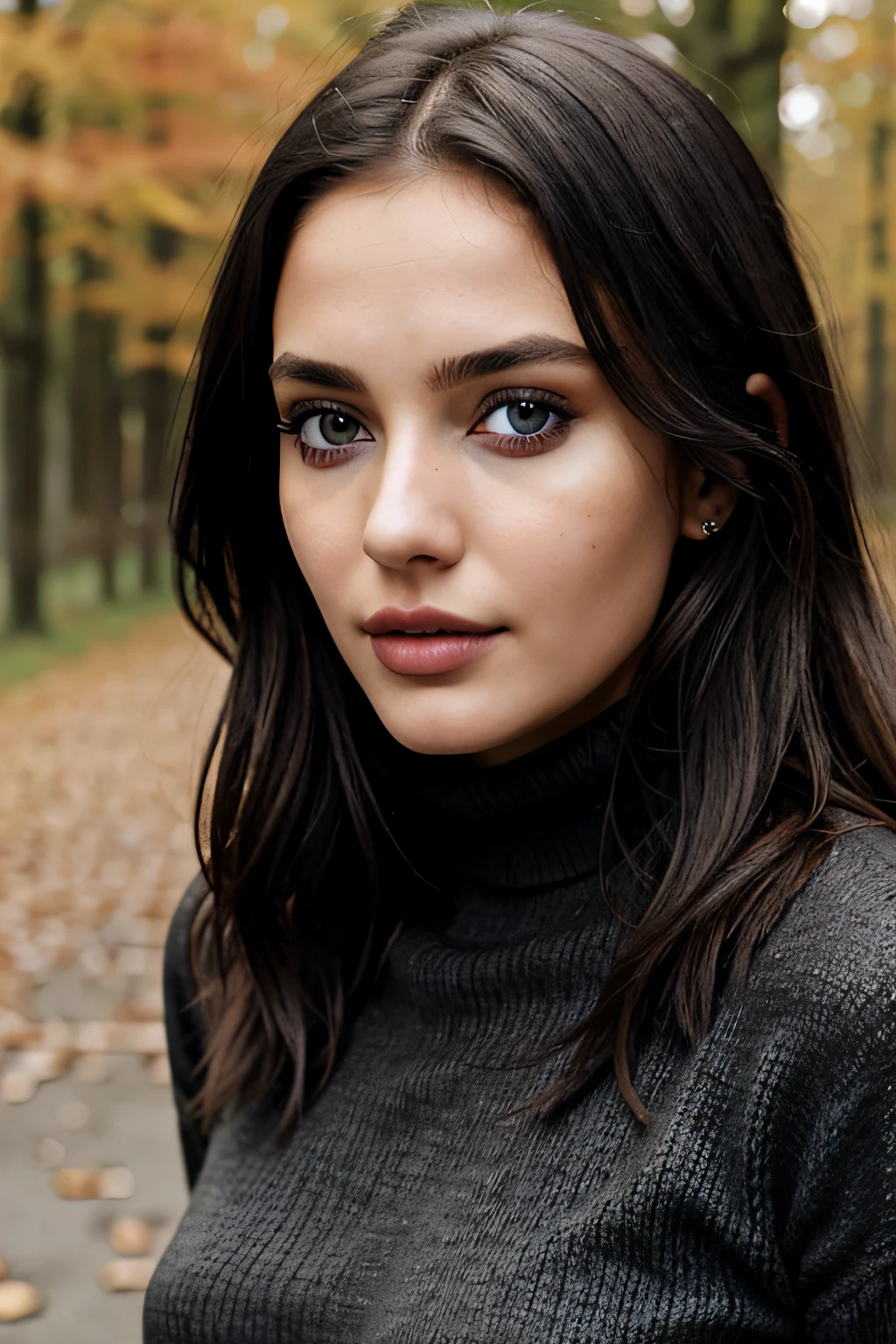 1Girl 19 years old, nur, Lange Haare, medium boobs, Blick auf den Betrachter, black Haar, nackte Schultern, braune Augen, Schmuck, full entire body, Halskette, schulterfrei, Pullover, Lippen, realistisch, Nase, Flirten mit der Kamera, congenital heterochromia, left eye black