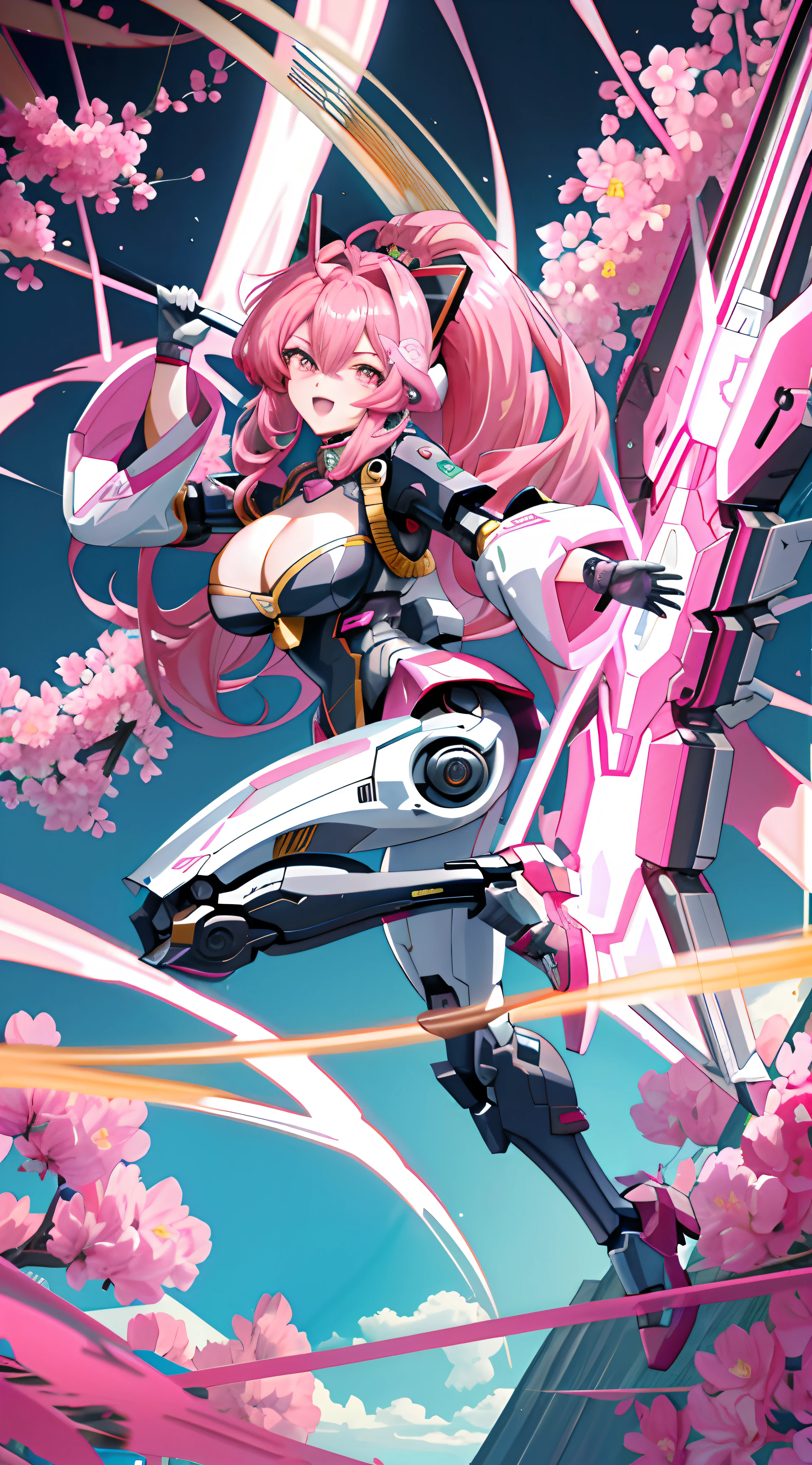 There is a close-up of a robot,with pink flowers on it,anime mecha aesthetic,ethereal and mecha theme,best anime 4k Konachang wallpapers,many mechflowers,mecha asthetic,Anime wallpaper 4 k,Anime wallpaper 4K,8k high quality detail art,anime robotic mixed with organic,4k anime wallpapers,Large bust,big breasts exposed cleavage,Flame it up,Thighs exposed,Full body like,Eyeballs rolled up,Mouth open,Very wide open mouth