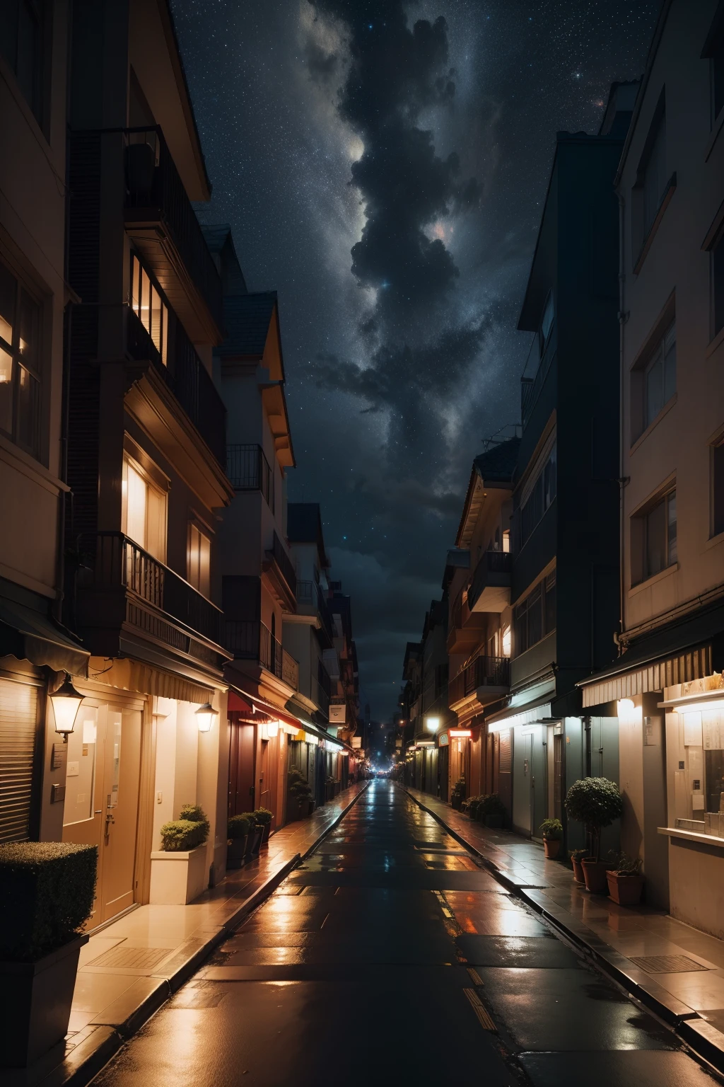 Street, lights, dim light, night time, bright stars, partly cloudy atmosphere,