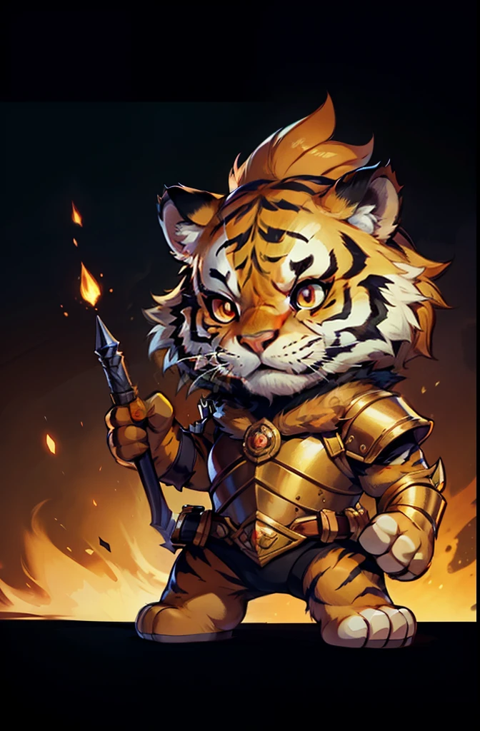 1young tiger, baby face tiger ,chibi, anthropomorphic, golden fur, big red eyes,warrior with armor, character 1:1, dynamique pose, simple dark background