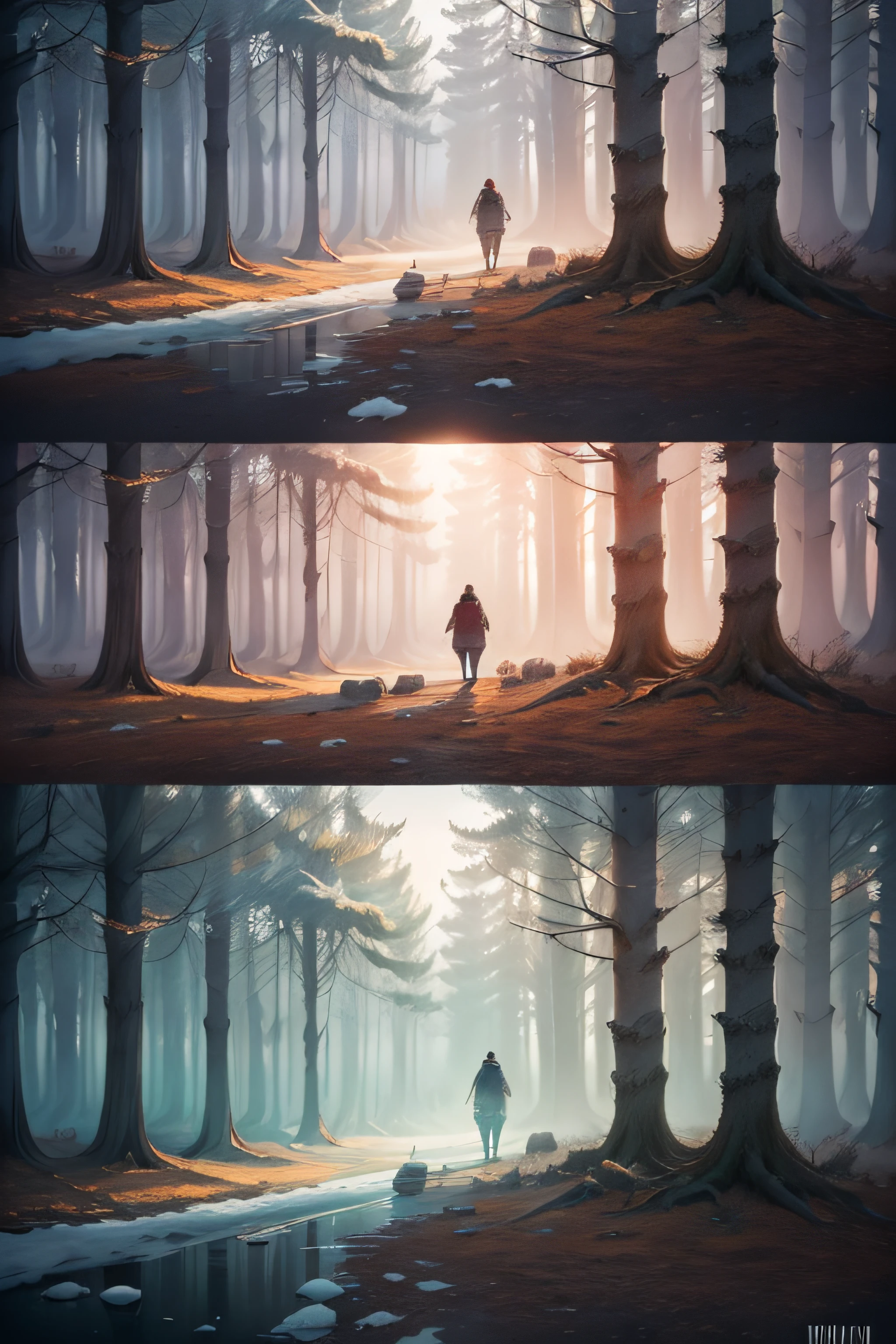 cold and frozen forest. step by step of the world in different parts