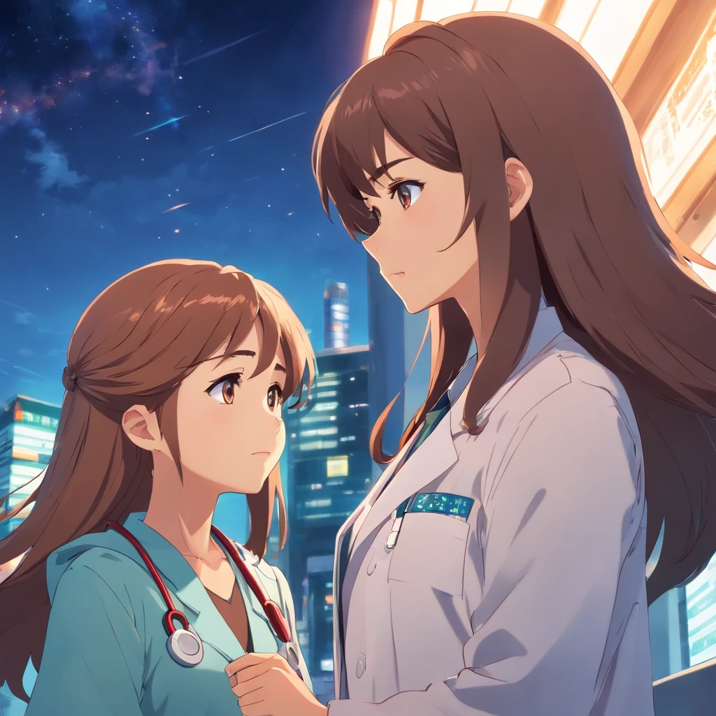 The female doctor with long hair talking to the girl in a cougar