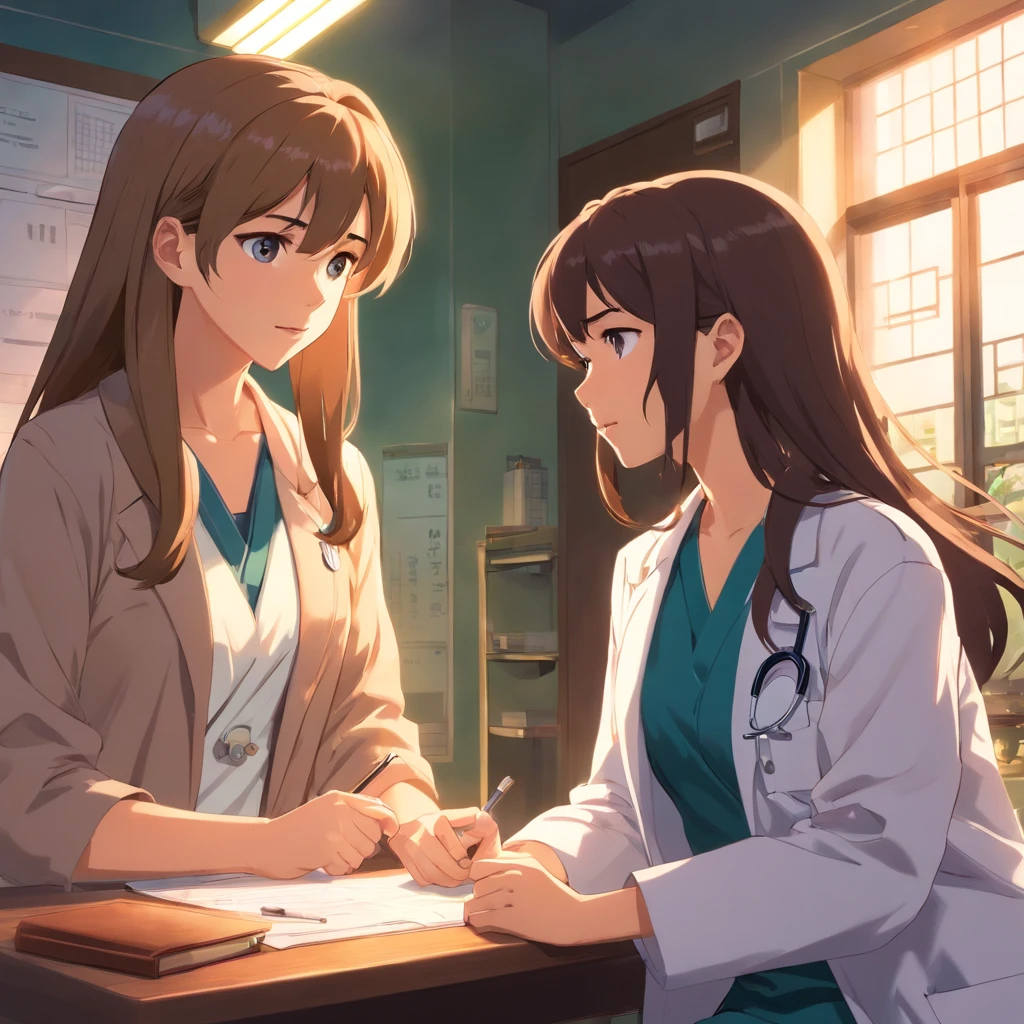 The female doctor with long hair talking to the girl in a cougar