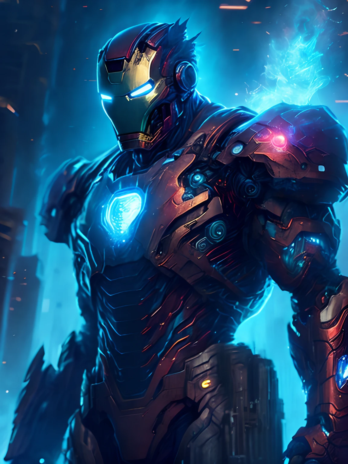 gloomy portrait of Zombie Iron Man from Marvel, extremely detailed, futuristic cityscape, nighttime, glowing neon lights, smoke, sparks, metal shavings, flying debris, blue energy effects, volumetric light