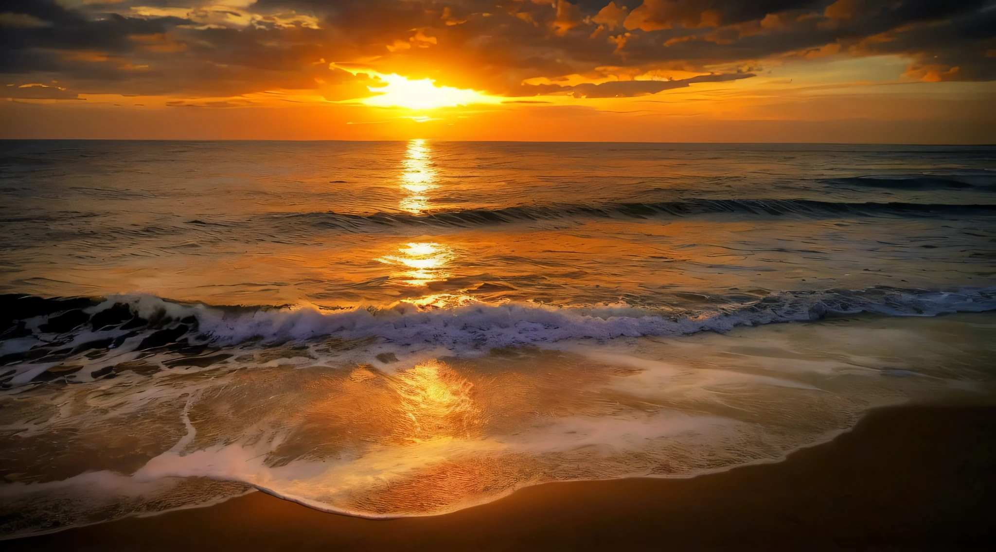 arafed view of a sunset over the ocean with waves, which shows a beach at sunset, sunset at the beach, the most beautiful sunset, beach sunset background, sunset on the beach, golden sunset, on the beach during sunset, at the beach on a sunset, golden hour time, at the golden hour, at a beautiful sunset, in a golden sunset sky