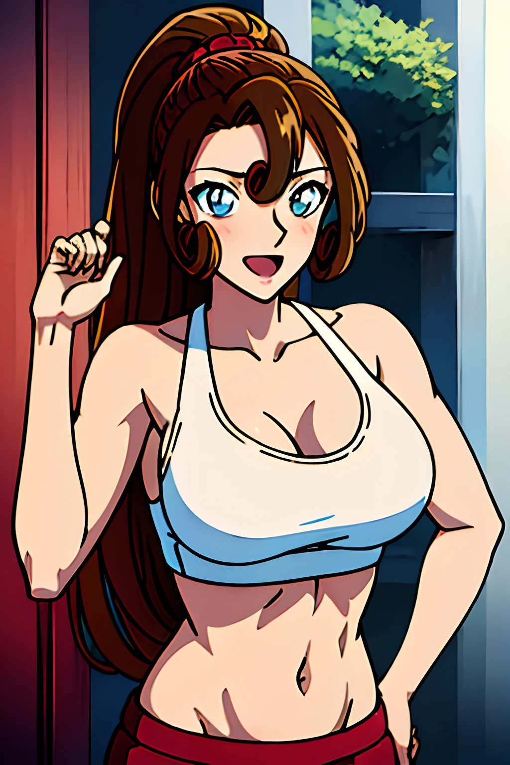 ((masterpiece)),((best quality)),ultra-detailed,illustration,1girl, solo, brown hair, high ponytail, flower, pants, midriff, crop top, looking at viewer, brown eyes, outdoors, navel, (medium breasts), bikini top, open mouth, bare shoulders, grey eyes, cloud, bangs, ,Beautiful body, Beautiful Nose, Beautiful character design, perfect eyes, perfect face, alluring, wallpaper, perfect lighting, vibrant colors, ultra highres, 4K, photography, (beautiful face:1.2), (narrow waist), shiny skin, anime screencap, meitantei conan, standing, ((milf)), 27 years old, high brightness, (shiny hair), (body tilt)