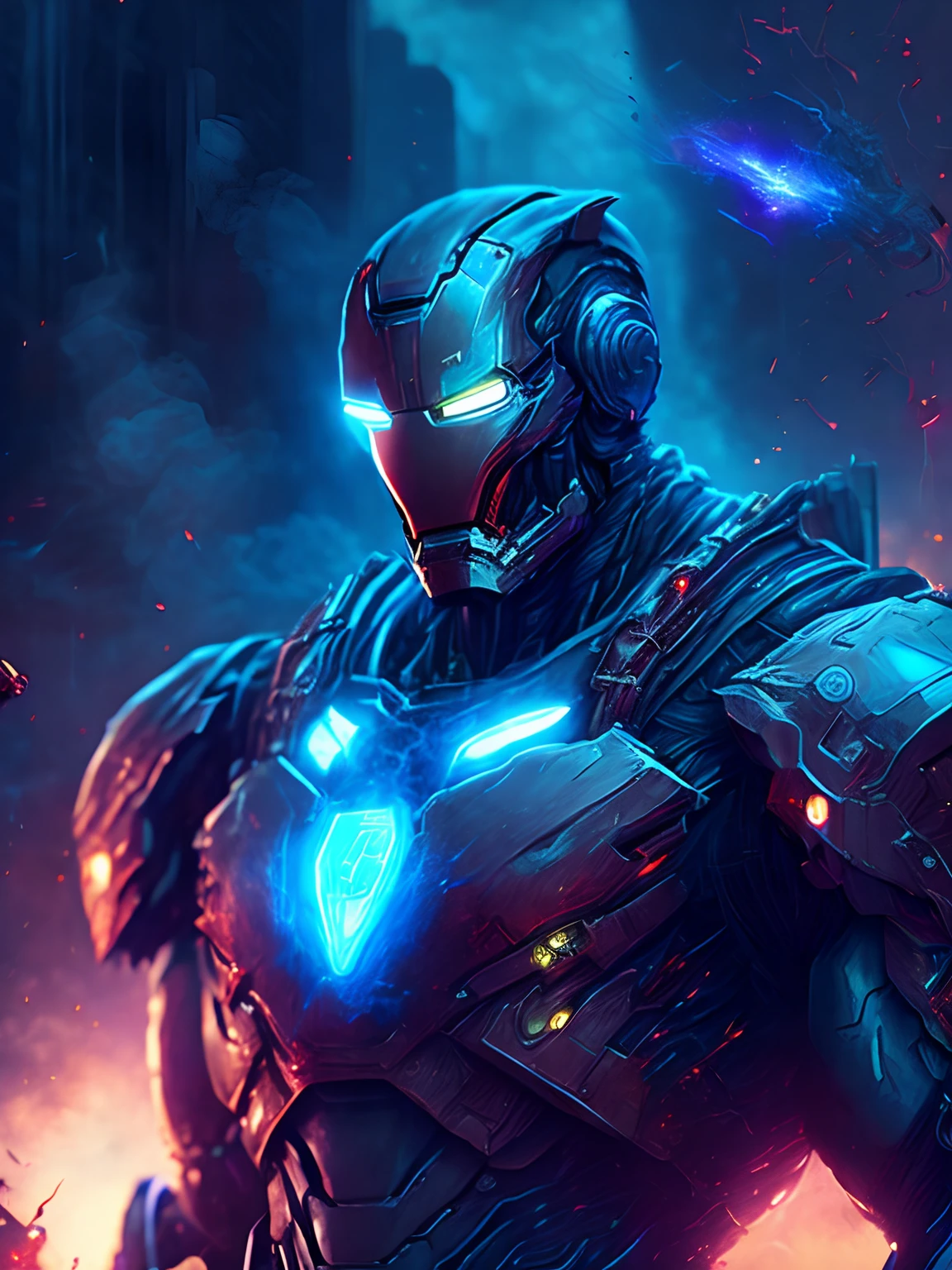 gloomy portrait of Zombie Iron Man from Marvel, extremely detailed, futuristic cityscape, nighttime, glowing neon lights, smoke, sparks, metal shavings, flying debris, blue energy effects, volumetric light