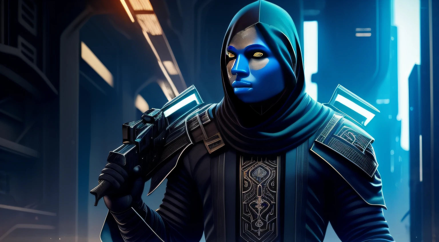 rosto humano, Blue alien, cavanhaque preto, rosto na penumbra