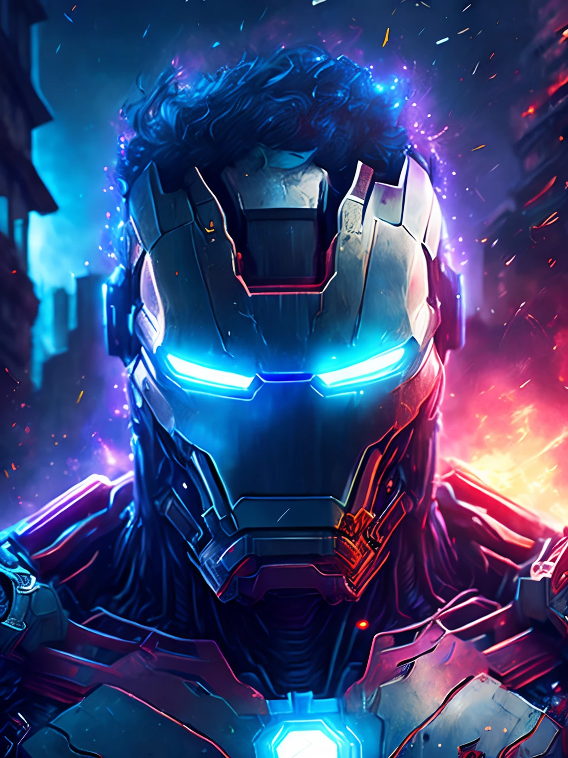 gloomy portrait of Zombie Iron Man from Marvel, extremely detailed, futuristic cityscape, nighttime, glowing neon lights, smoke, sparks, metal shavings, flying debris, blue energy effects, volumetric light