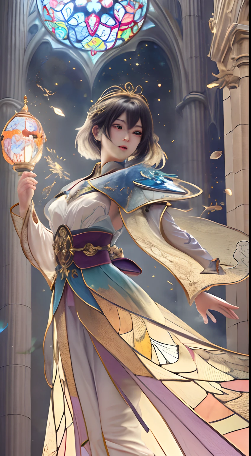 Hikuga Body, duck, 1girl in, full body Esbian, is standing,
detailed skin textures、Detailed Cloth Texture、beautifull detailed face、Particles of light、Church stained glass background、masterpiece、top-quality、ultra-detailliert、8K、intricate detailes、With a beautiful jewel wand、