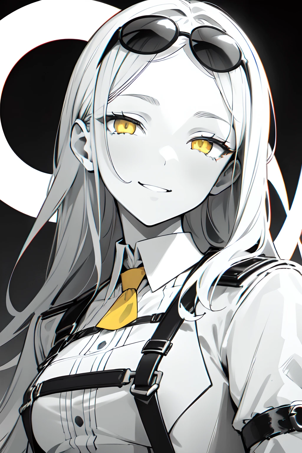 (((colored yellow eyes with greyscale background))), 1girl, woman, solo, long hair, big hair, (forehead:1.2), (round sunglasses:1.19), yellow eyes, medium breasts, devilish grin from below, white hair, (overcoat, black coat, open coat:1.2), white shirt, collared shirt, (chest harness, shoulder strap:1.15), black leather shorts, garter belt, gloves, ((from below)), elegant, looking at viewer, standing, chromatic aberration, (close-up to face:1.2), face only masterpiece, best quality, 4k