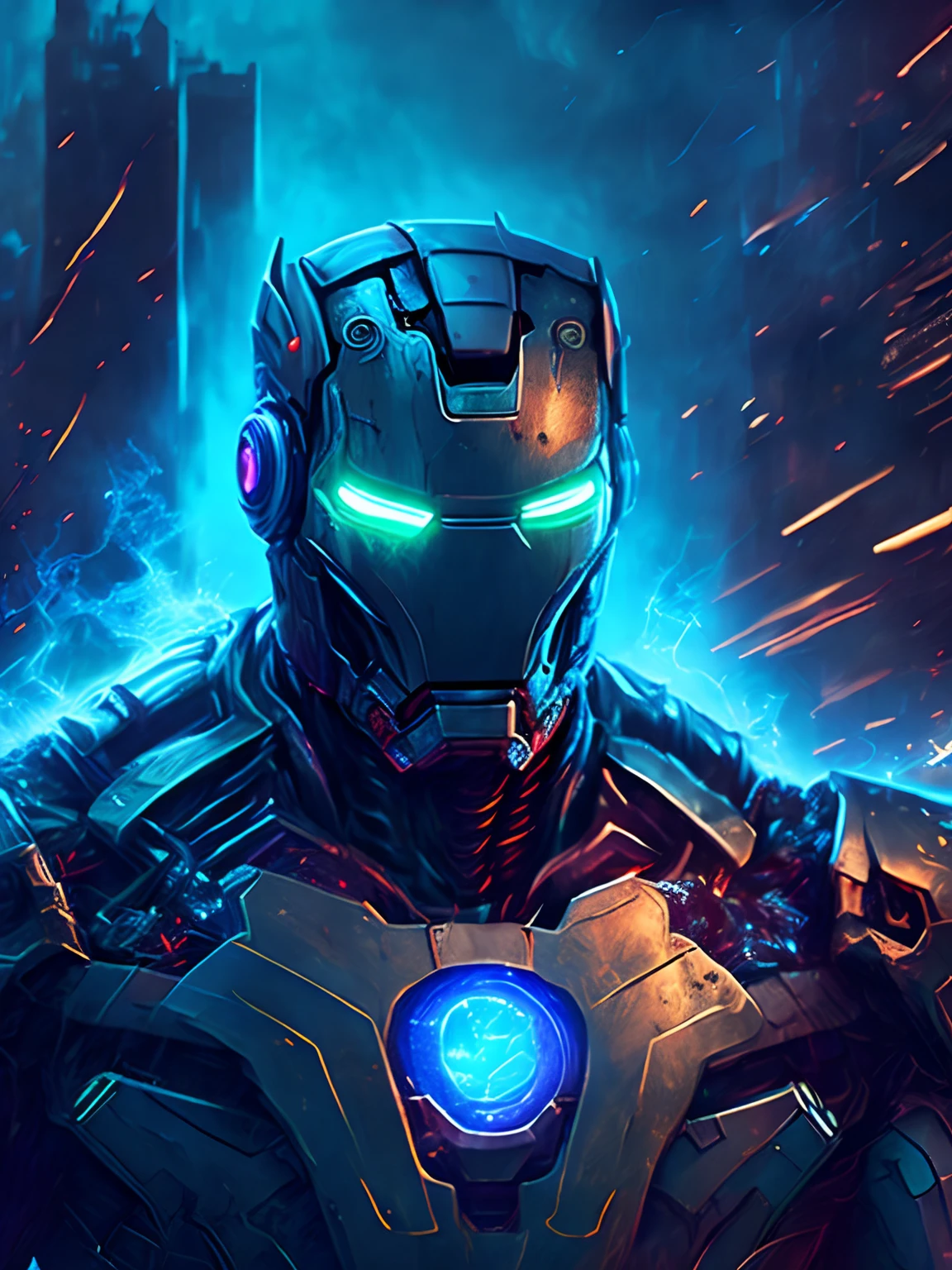 gloomy portrait of Zombie Iron Man from Marvel, extremely detailed, futuristic cityscape, nighttime, glowing neon lights, smoke, sparks, metal shavings, flying debris, blue energy effects, volumetric light