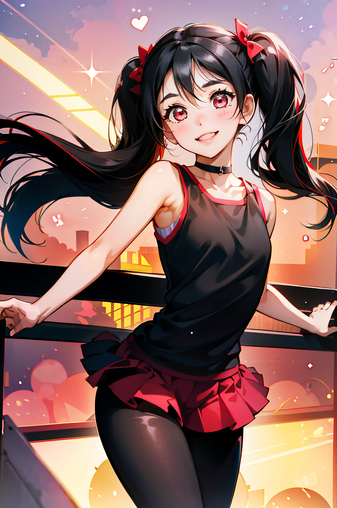 1girl, solo, yazawa nico, twintails, (red eyes), black hair, hair bow, single sidelock, small breasts, choker, city, absurdres, high res, ultra Sharp, seductive smile, blush, Black leggings, Tight sleeveless shirt , 8k