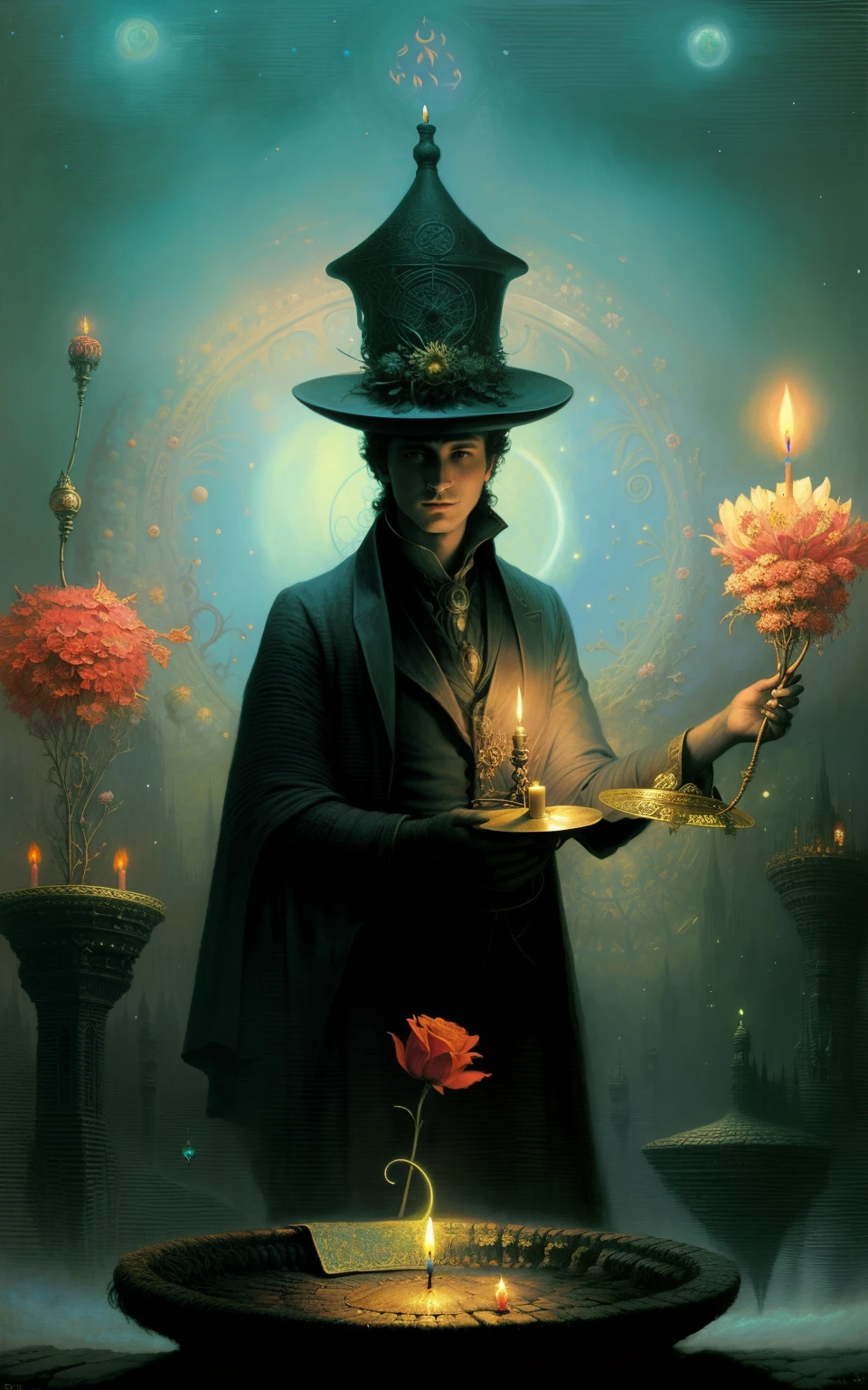 a painting of a man with a hat and a candle, fantasy victorian art, dark flower shaman, spell casting wizard, emerald gold and beksinski, sorcerer magic witch, inspired by gaston bussiere, by Paul Lehr, mystic alchemical occult art, spell casting, by François Bocion, occult aesthetics alchemy, flower shaman